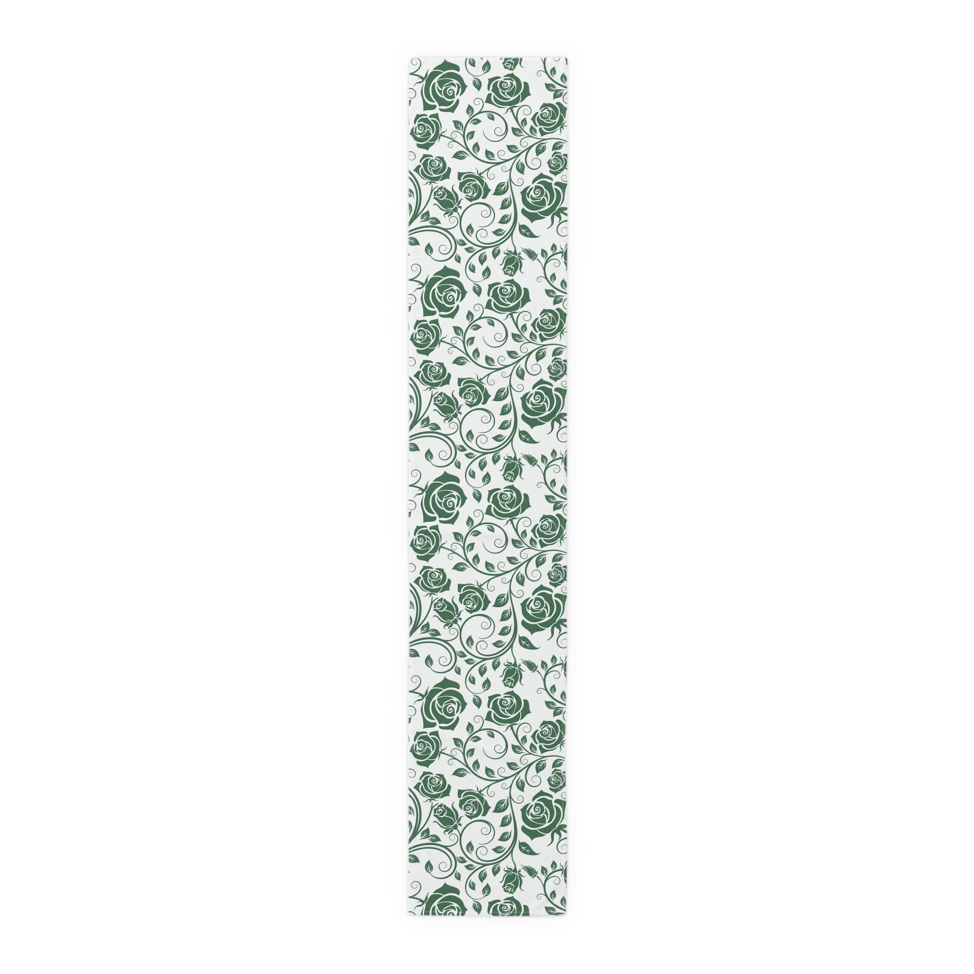 Green floral pattern table runner on a white background