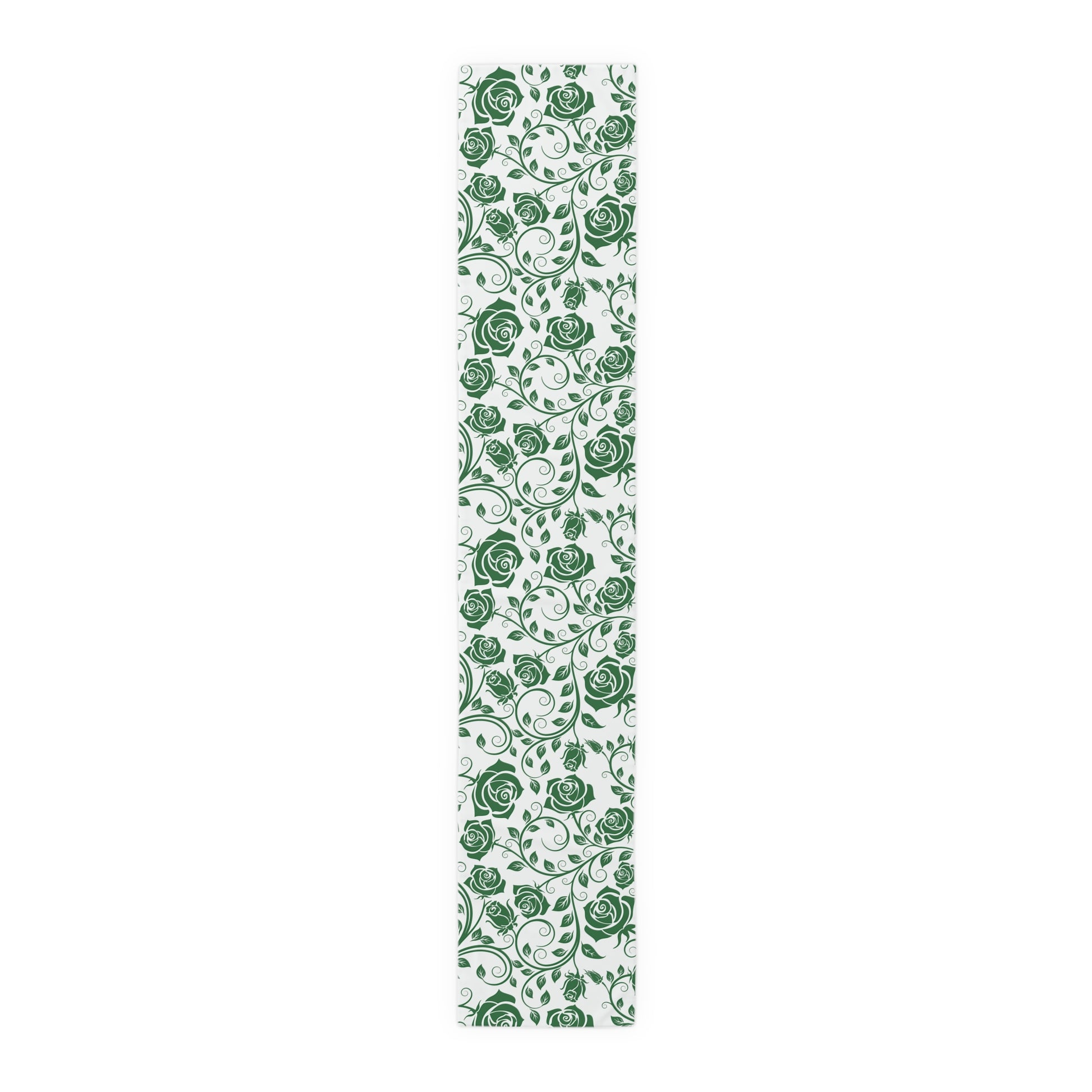 Green floral pattern table runner on a white background