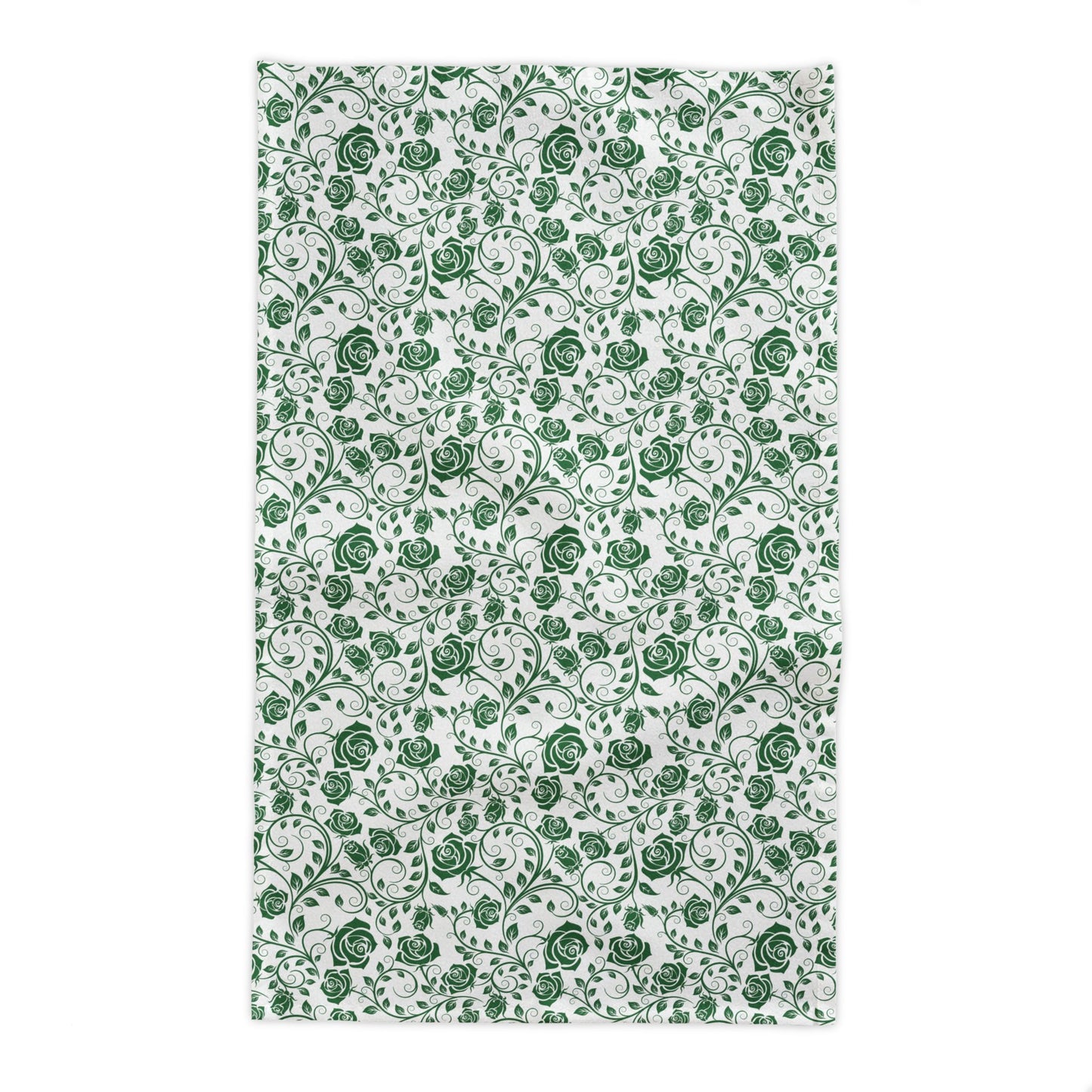 Green and white floral pattern rectangle tablecloth on a white background
