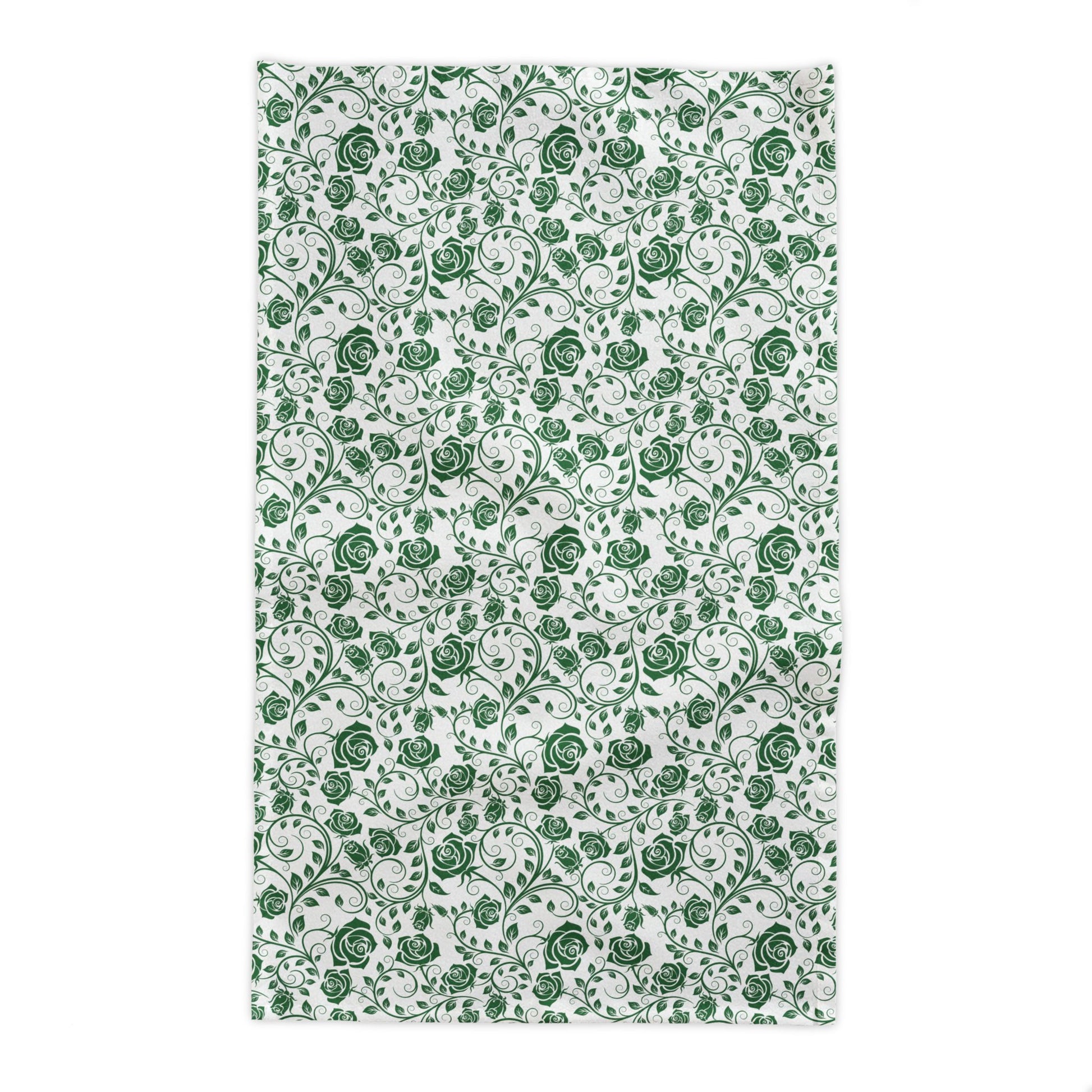 Green and white floral pattern rectangle tablecloth on a white background