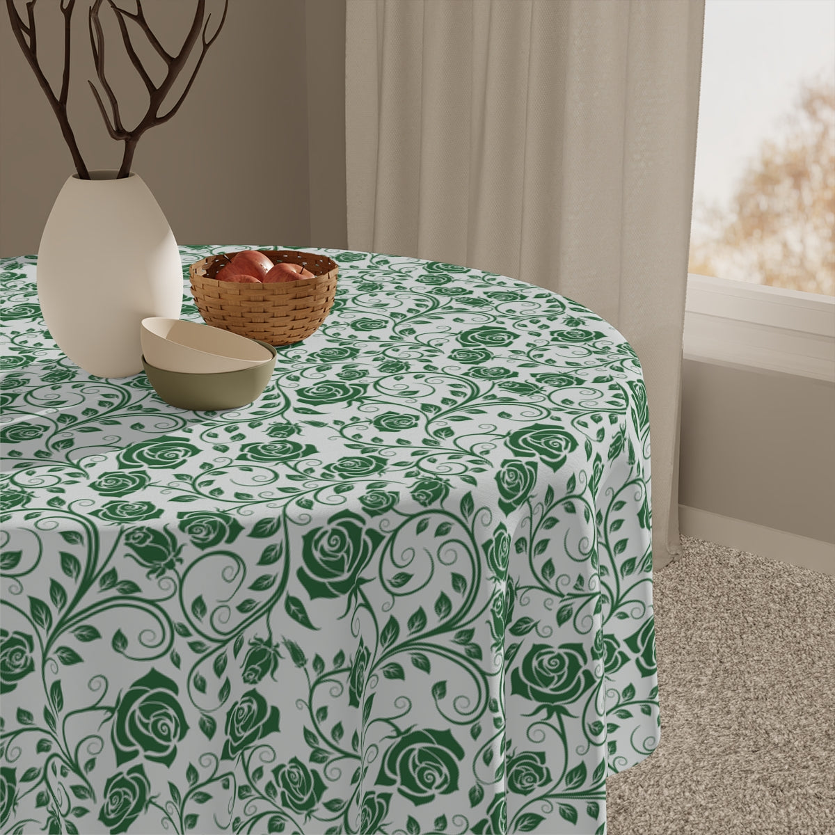 Tablecloth with green floral pattern in a room setting