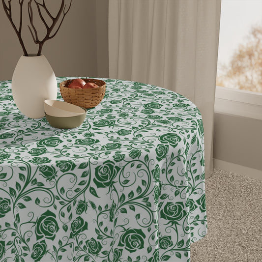 Tablecloth with green floral pattern in a room setting