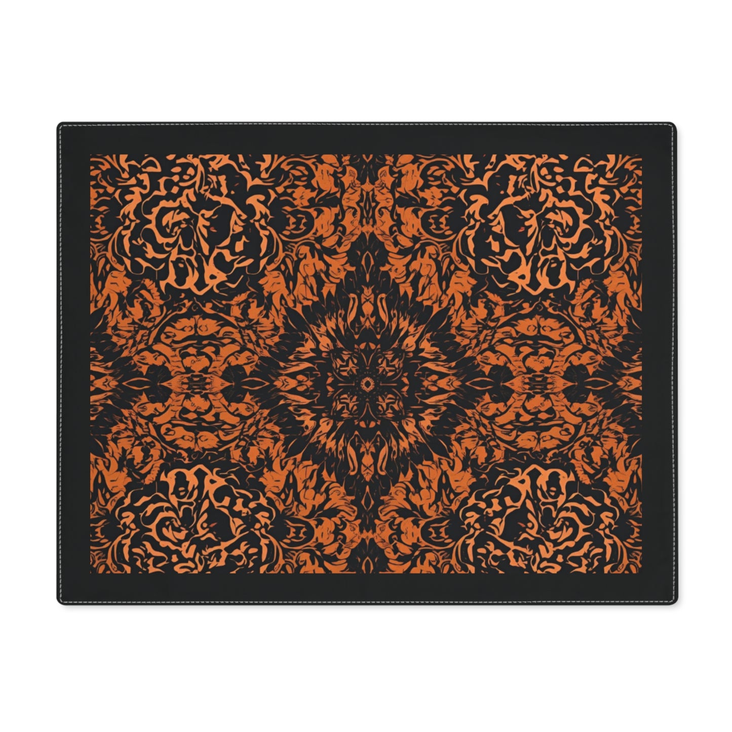 Groovy Black & Orange placemat with intricate black and orange pattern printed on the cotton twill placemat on a white background. 