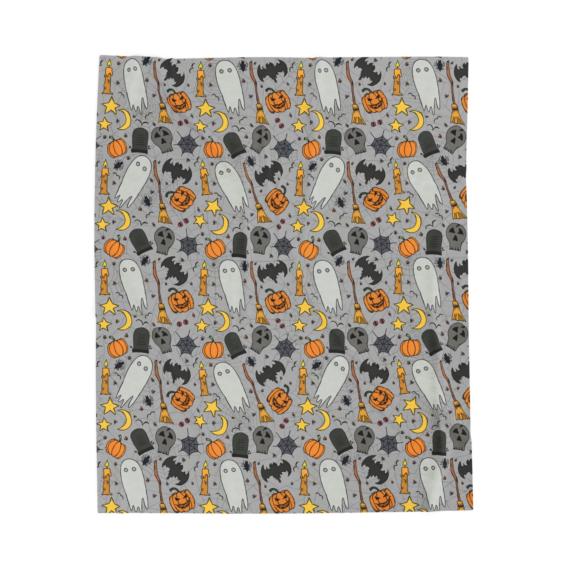 Halloween-themed patterned blanket with ghosts, pumpkins, and stars on a gray background on front of blanket, on a white background.