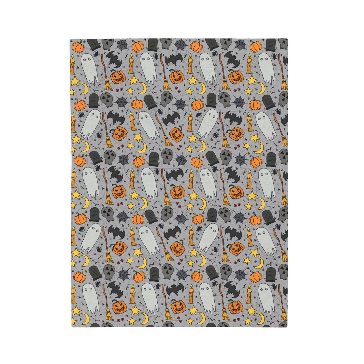 Halloween-themed pattern with ghosts, pumpkins, and bats on a gray background on front of blanket, on a white background.