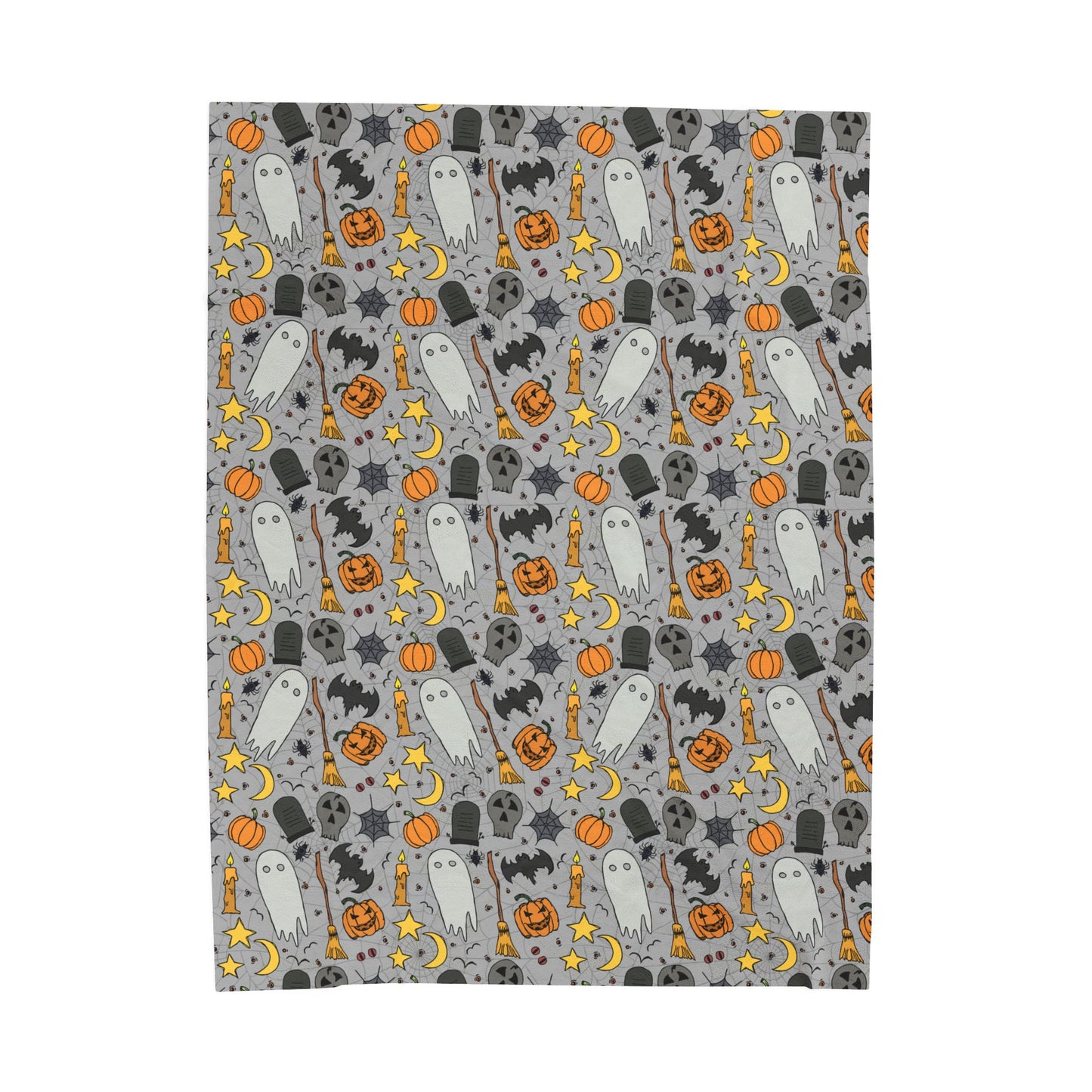 Halloween-themed pattern with ghosts, pumpkins, and bats on a gray background on front of blanket, on a white background.