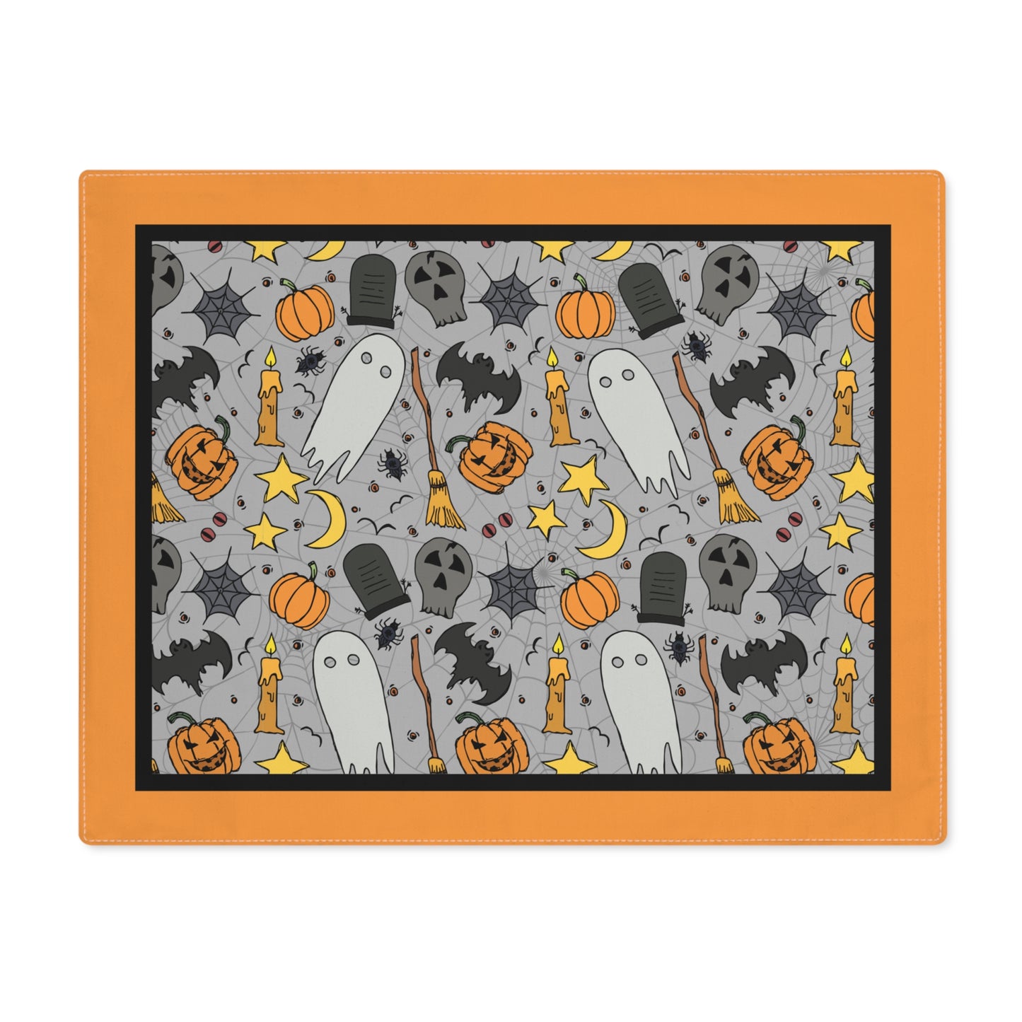 Halloween-themed placemat with ghosts, pumpkins, and bats on a gray background with an orange border, on a white background.