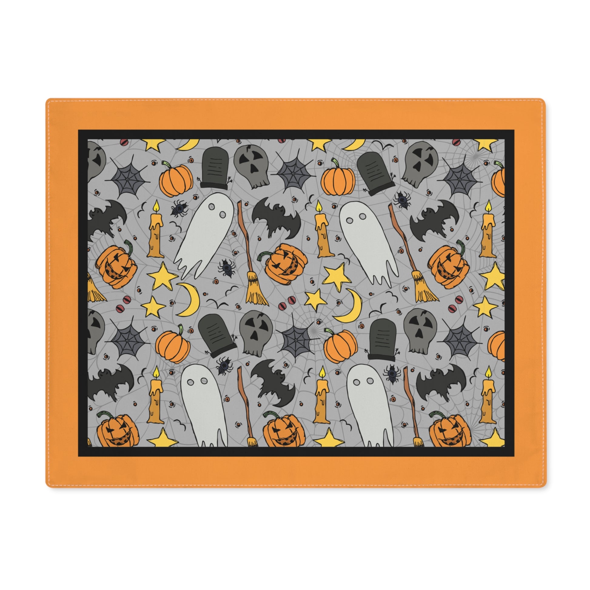Halloween-themed placemat with ghosts, pumpkins, and bats on a gray background with an orange border, on a white background.
