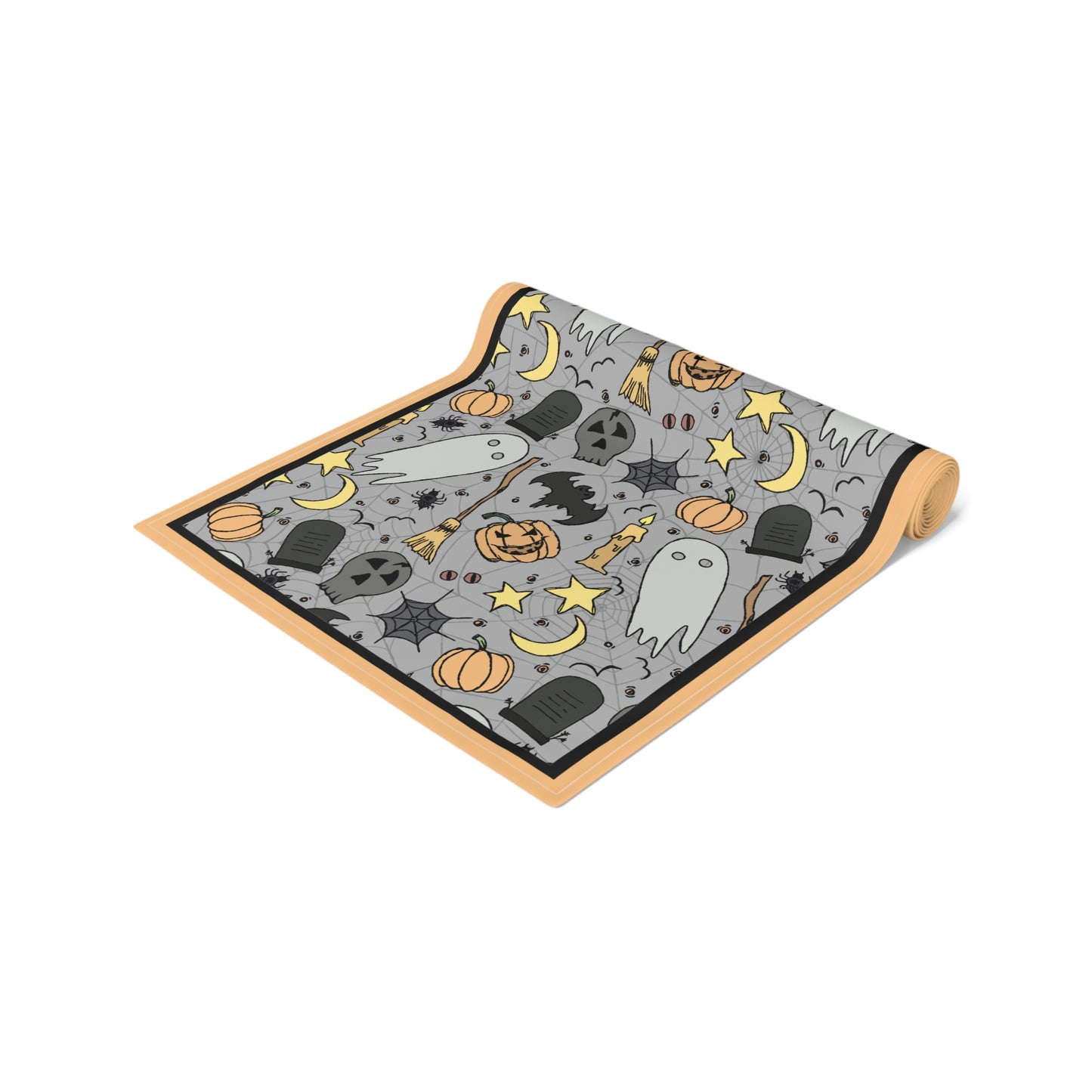 Halloween-themed table runner with ghosts, pumpkins, and bats with a gray background on front of table runner, on a white background