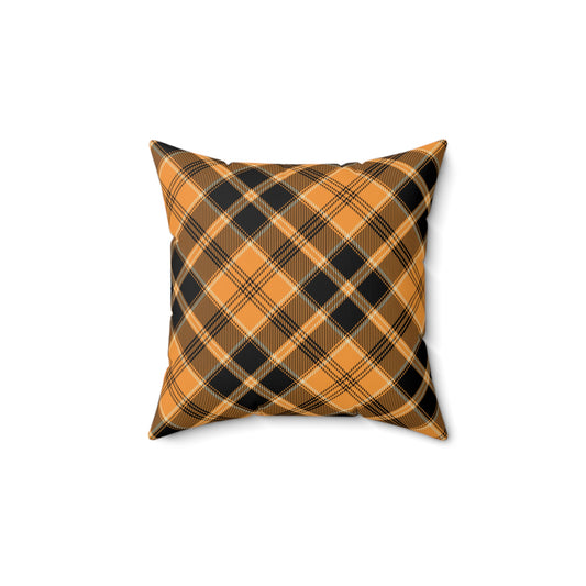 Halloween Plaid decorative throw pillow with orange and black plaid colors on both sides of pillow, on a white background