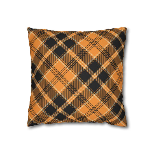 Halloween Plaid decorative throw pillow has an orange and black plaid pattern on both side of pillowcase on a white background