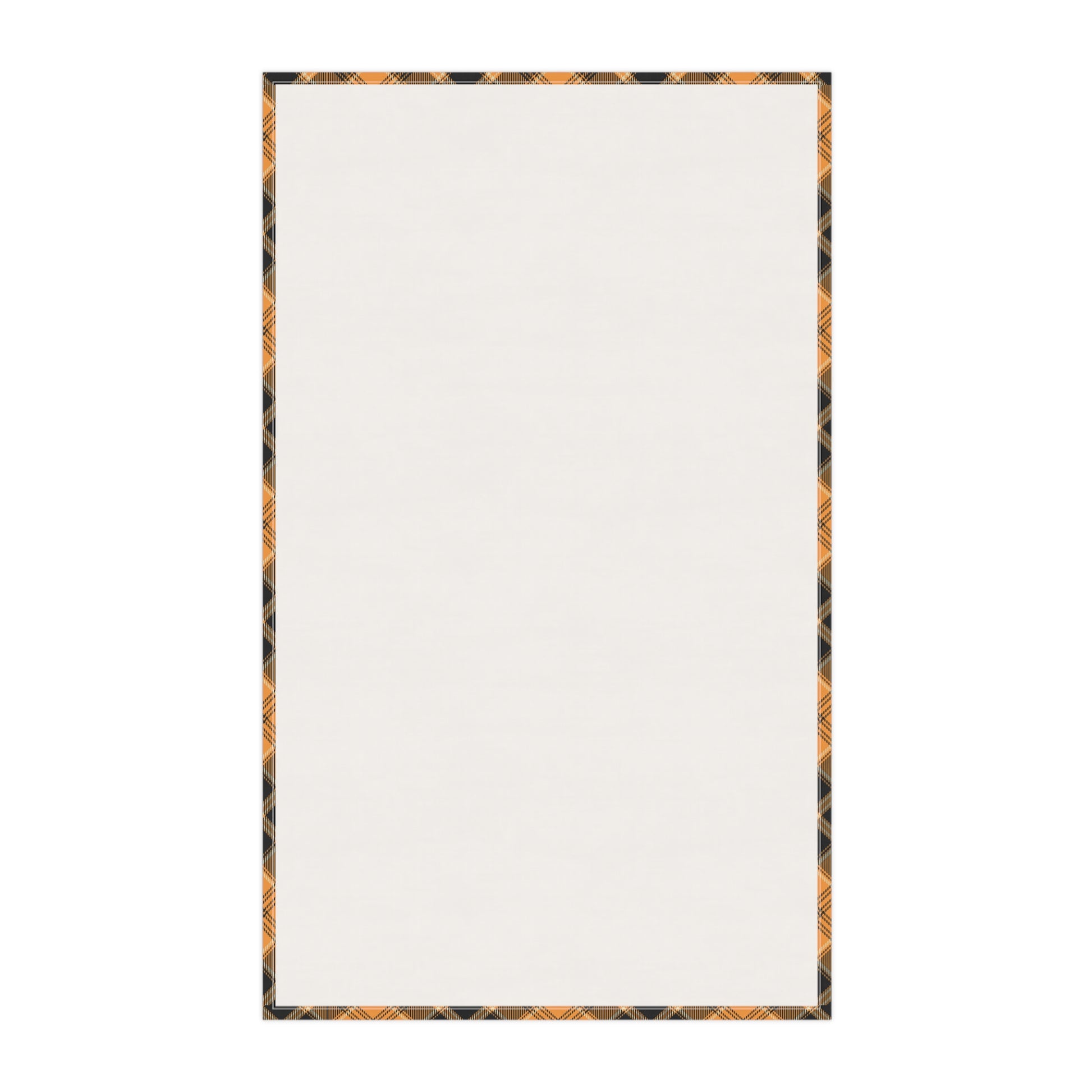 Back view of Halloween Plaid tea towel has a plaid pattern border with orange and black colors on a white background
