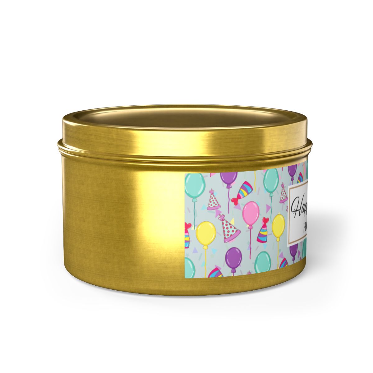 Side view of gold tin with colorful label featuring balloons and party hats on a white background