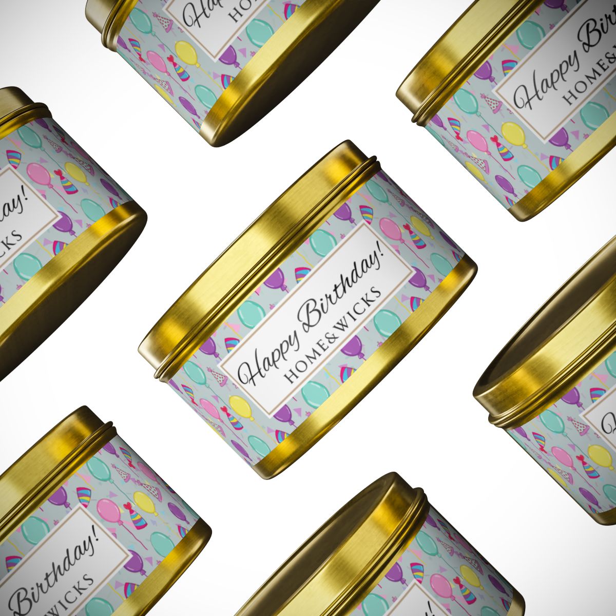 Gold candle tins with 'Happy Birthday' label with colorful balloon, birthday hats and confetti design on a white background