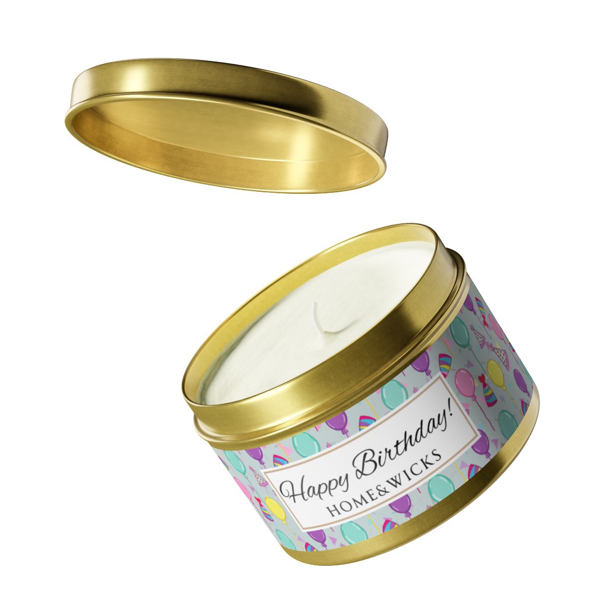 Open cotton wick gold candle tin with 'Happy Birthday' label with colorful balloon, birthday hats and confetti design on a white background