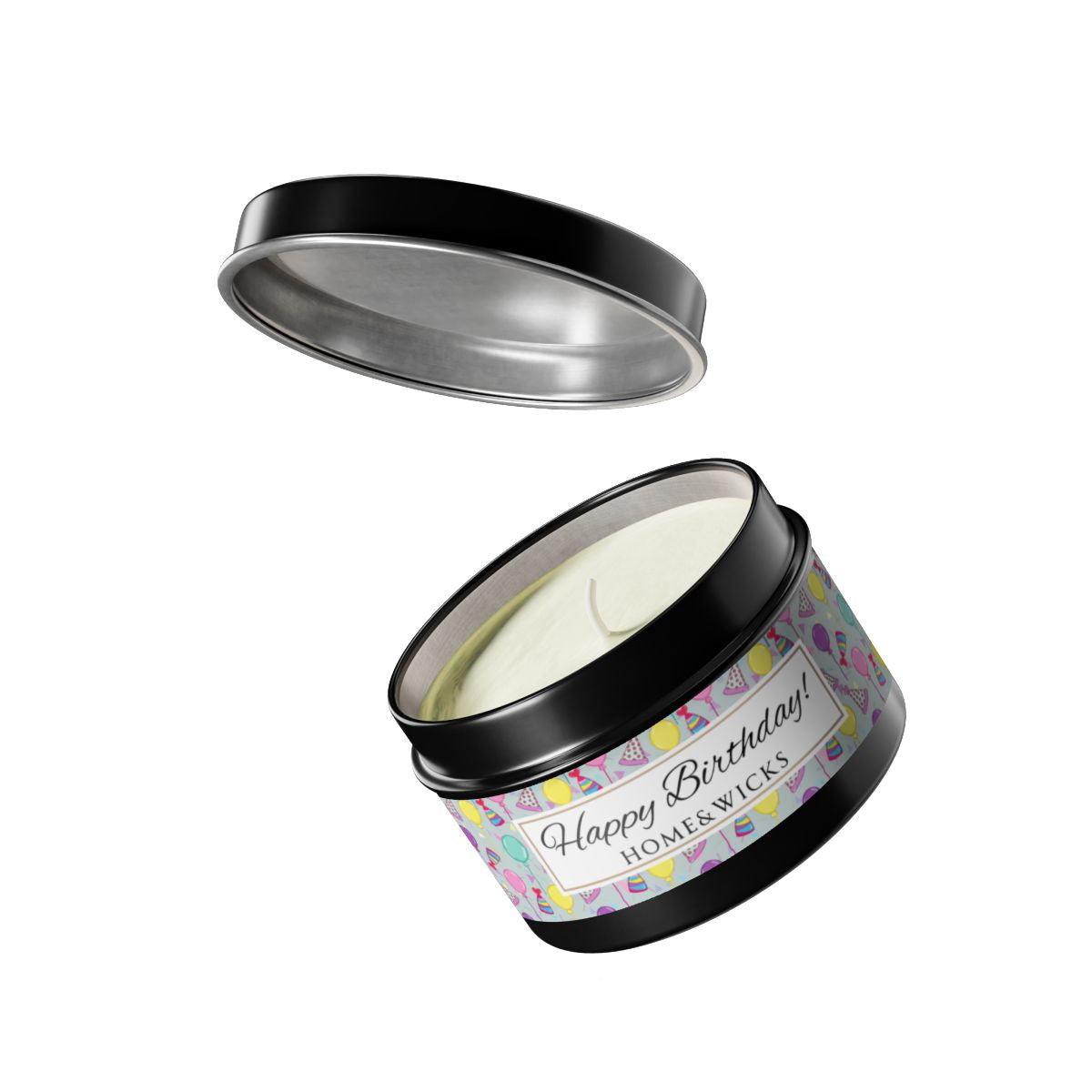 Opened cotton wicked black 4 oz. candle tin with 'Happy Birthday' label with colorful design of birthday hats, confetti and balloons on a white background