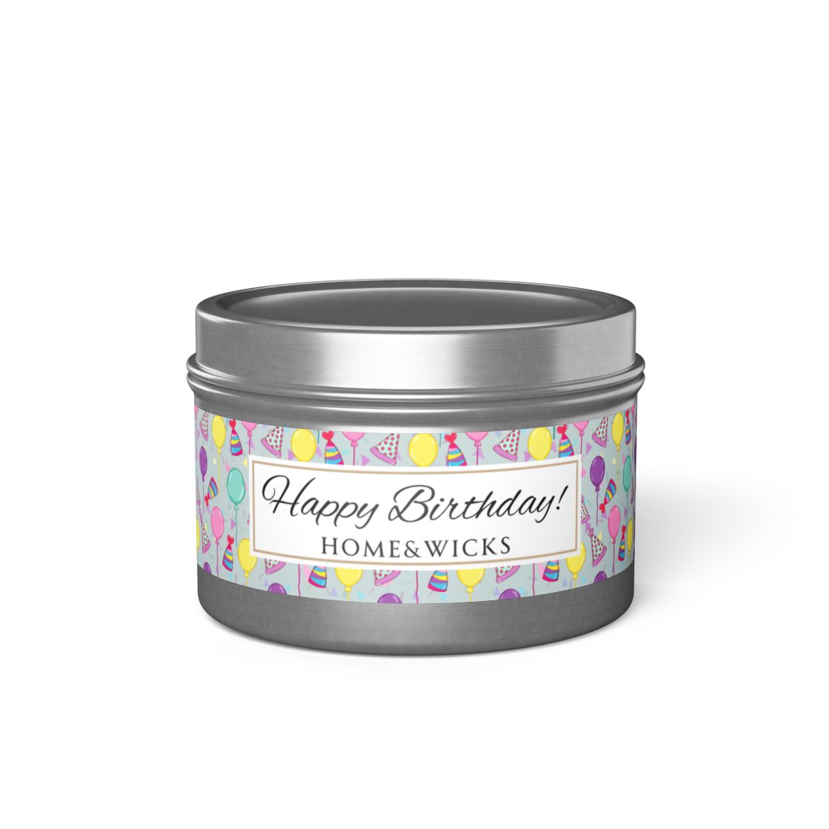 Happy Birthday silver candle 4 oz. tin with 'Happy Birthday' label with colorful design of birthday hats, balloons and confetti on a white background