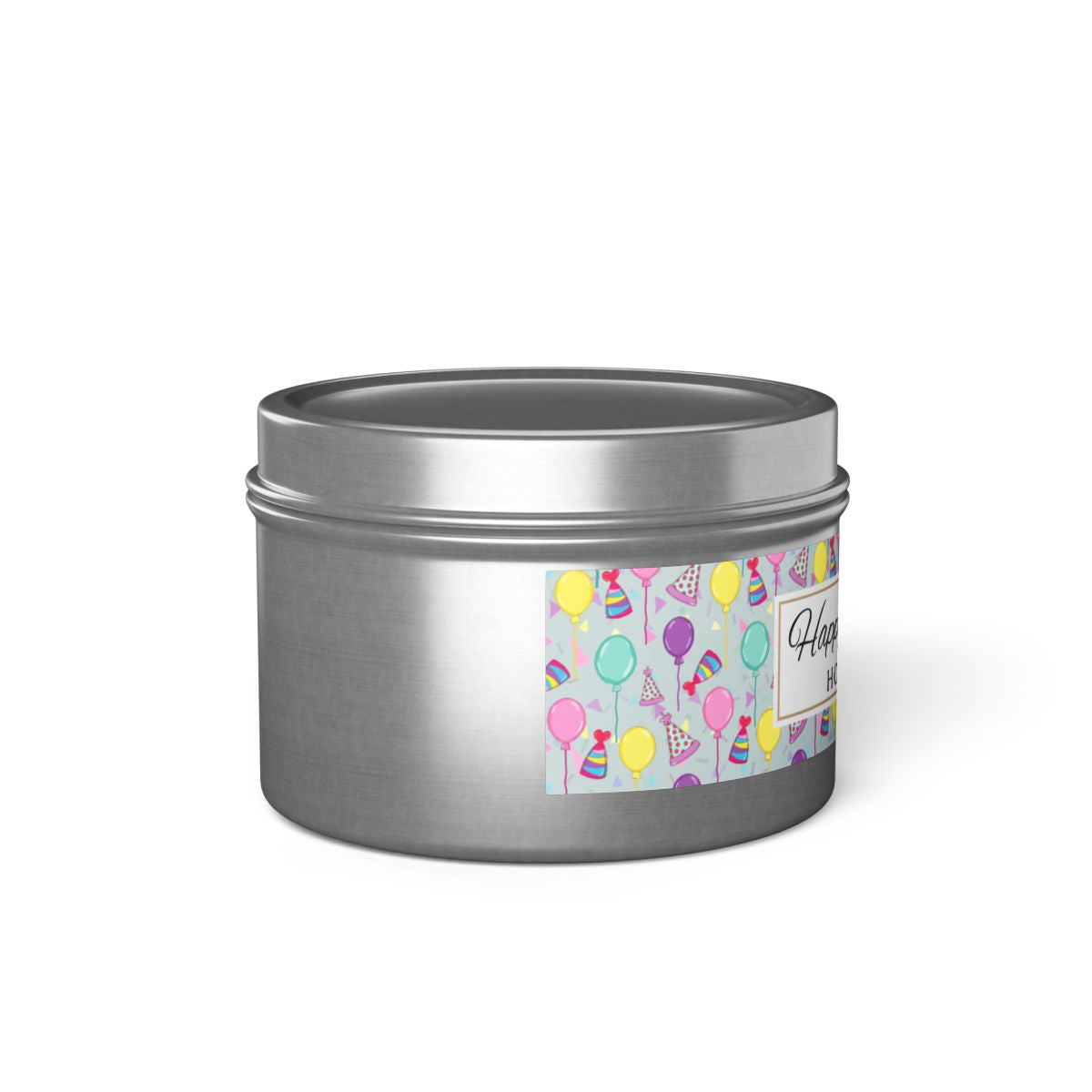 Side view Happy Birthday silver candle 4 oz. tin with 'Happy Birthday' label with colorful design of birthday hats, balloons and confetti on a white background