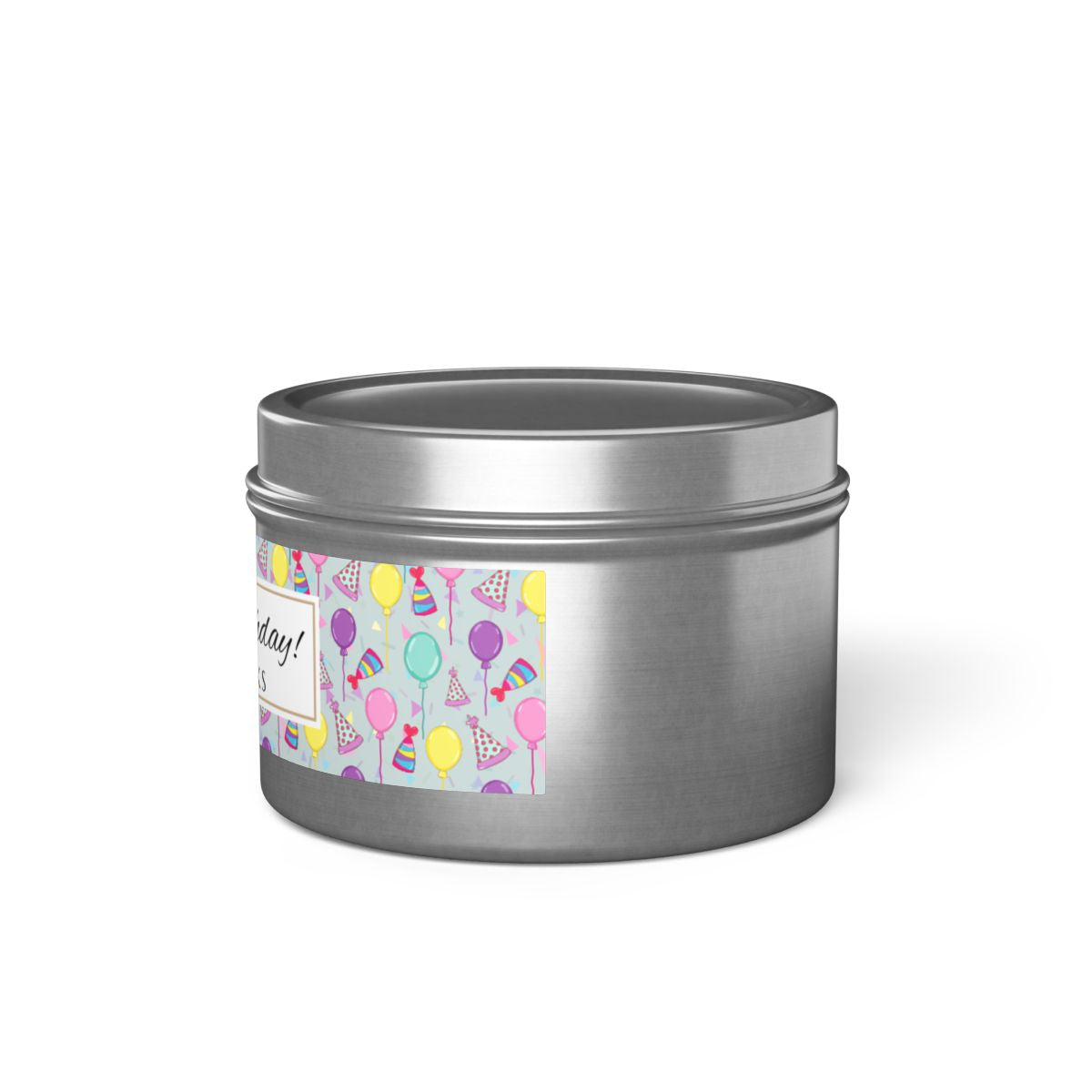 Side view Happy Birthday silver candle 4 oz. tin with 'Happy Birthday' label with colorful design of birthday hats, balloons and confetti on a white background