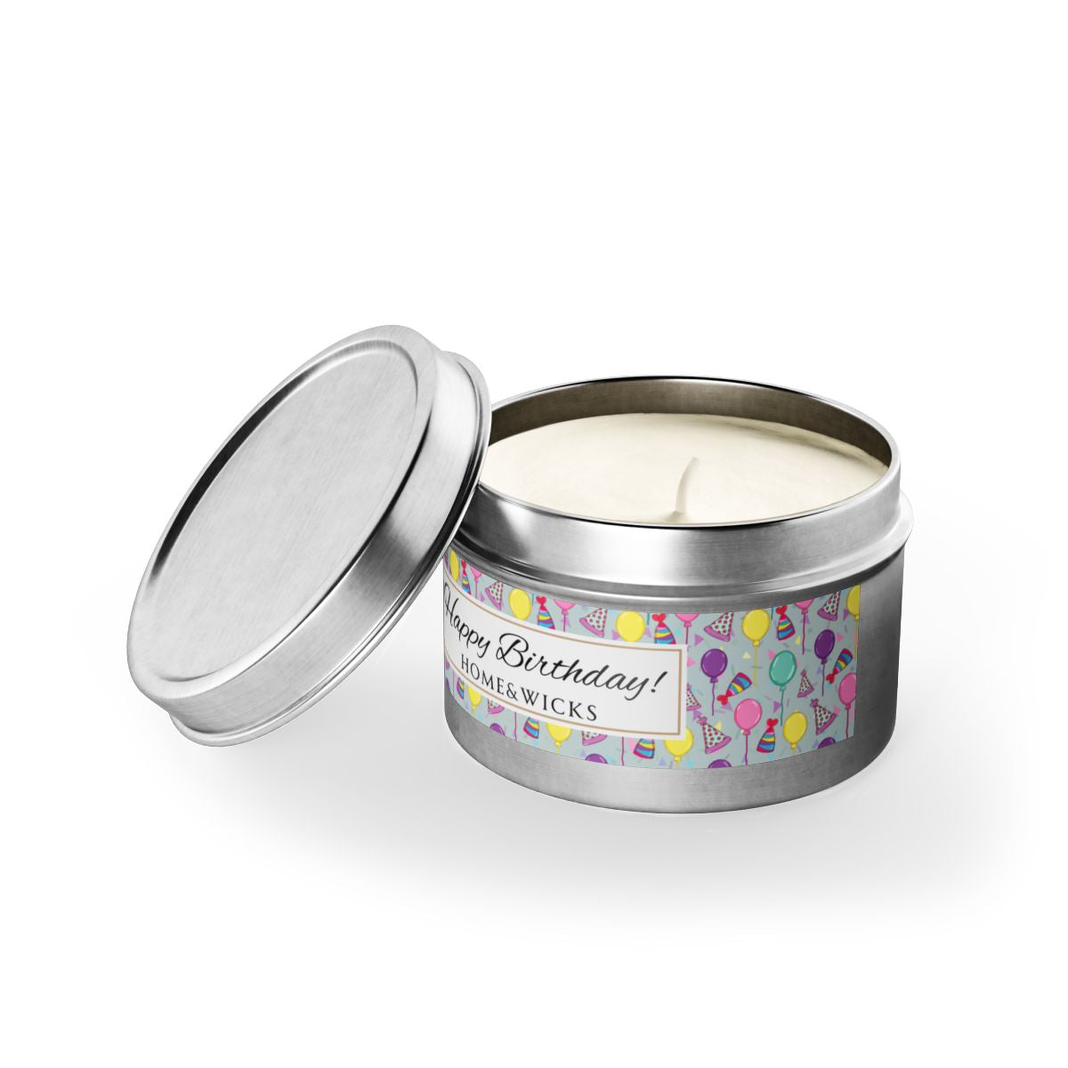 Opened Happy Birthday silver candle 4 oz. tin with 'Happy Birthday' label with colorful design of birthday hats, balloons and confetti on a white background