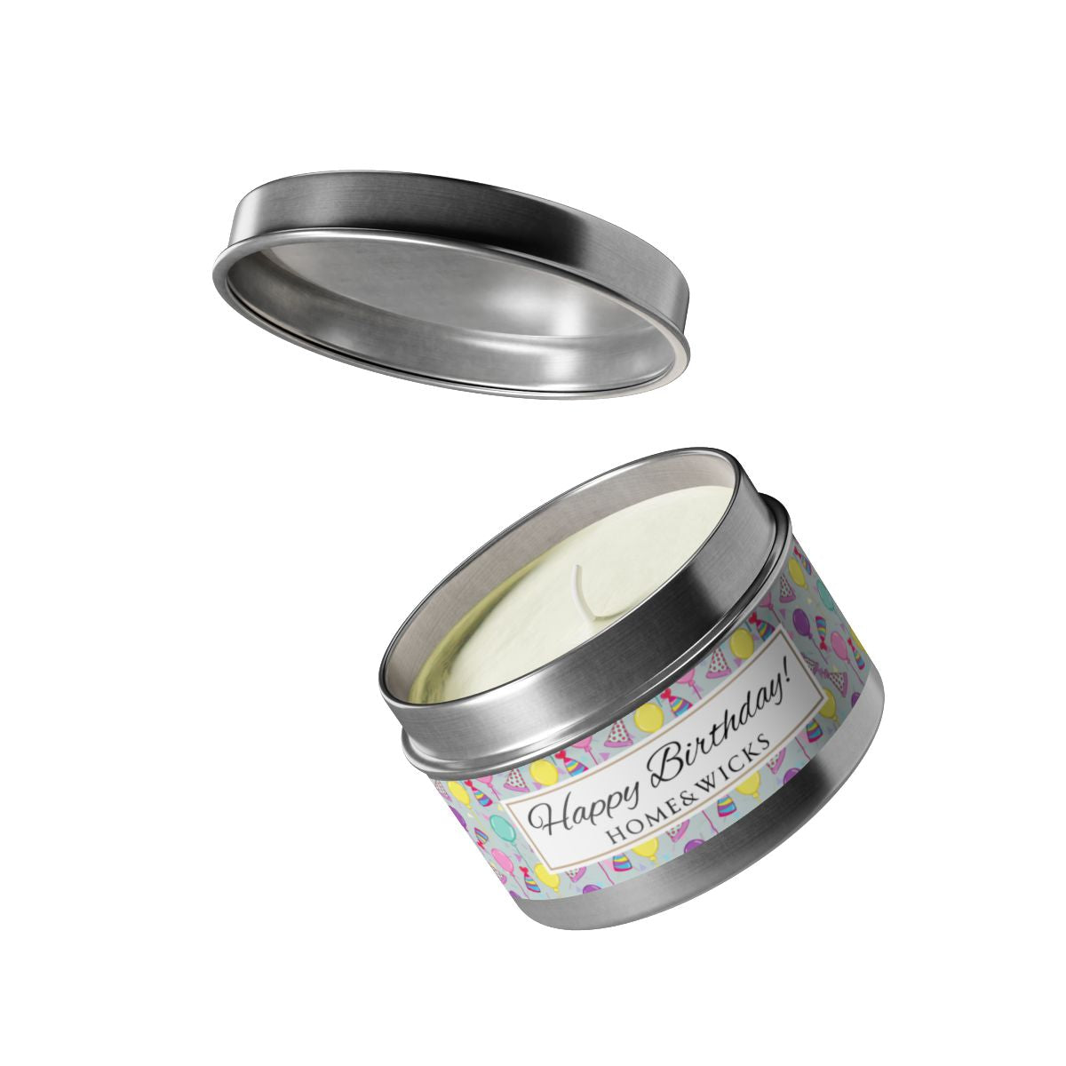 Happy Birthday silver candle 4 oz. tin with 'Happy Birthday' label with colorful design of birthday hats, balloons and confetti on a white background