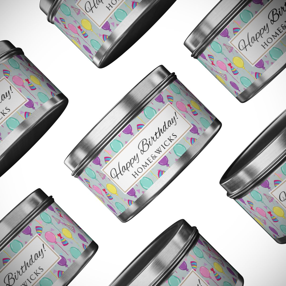 Silver candle tin patternj with 'Happy Birthday' label and colorful balloon, birthday hats and confetti design on a white background