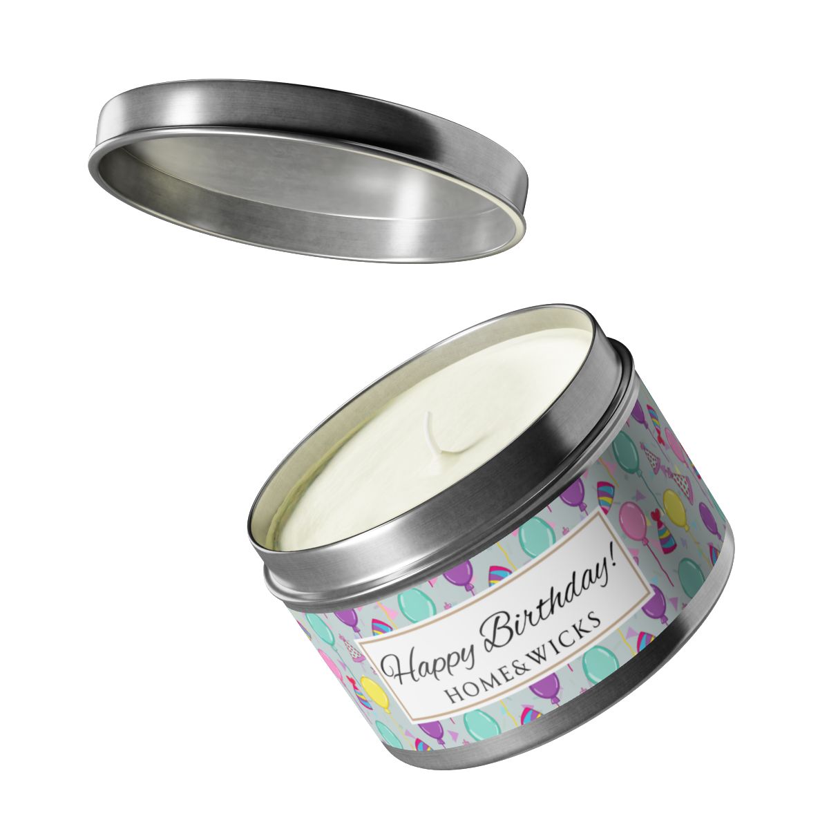 Silver candle tin with 'Happy Birthday' label and colorful balloon, birthday hats and confetti design and 'Home & Wicks' branding on a white background