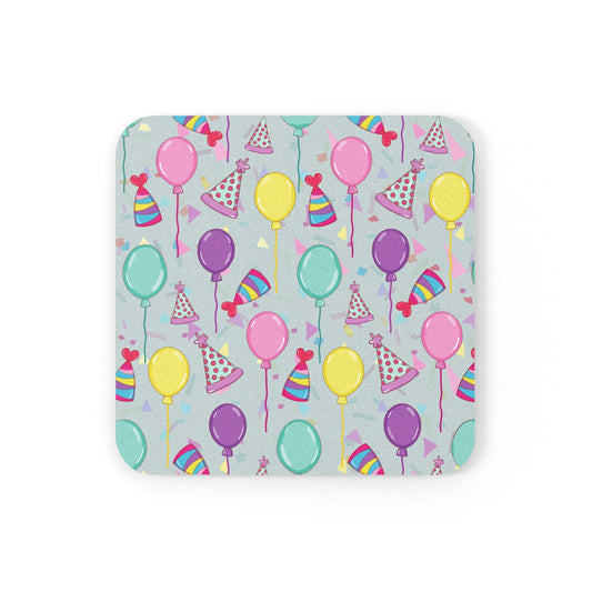 Square Happy Birthday! hardboard coaster with colorful balloons, birthday party hats and confetti pattern on a light blue gray background