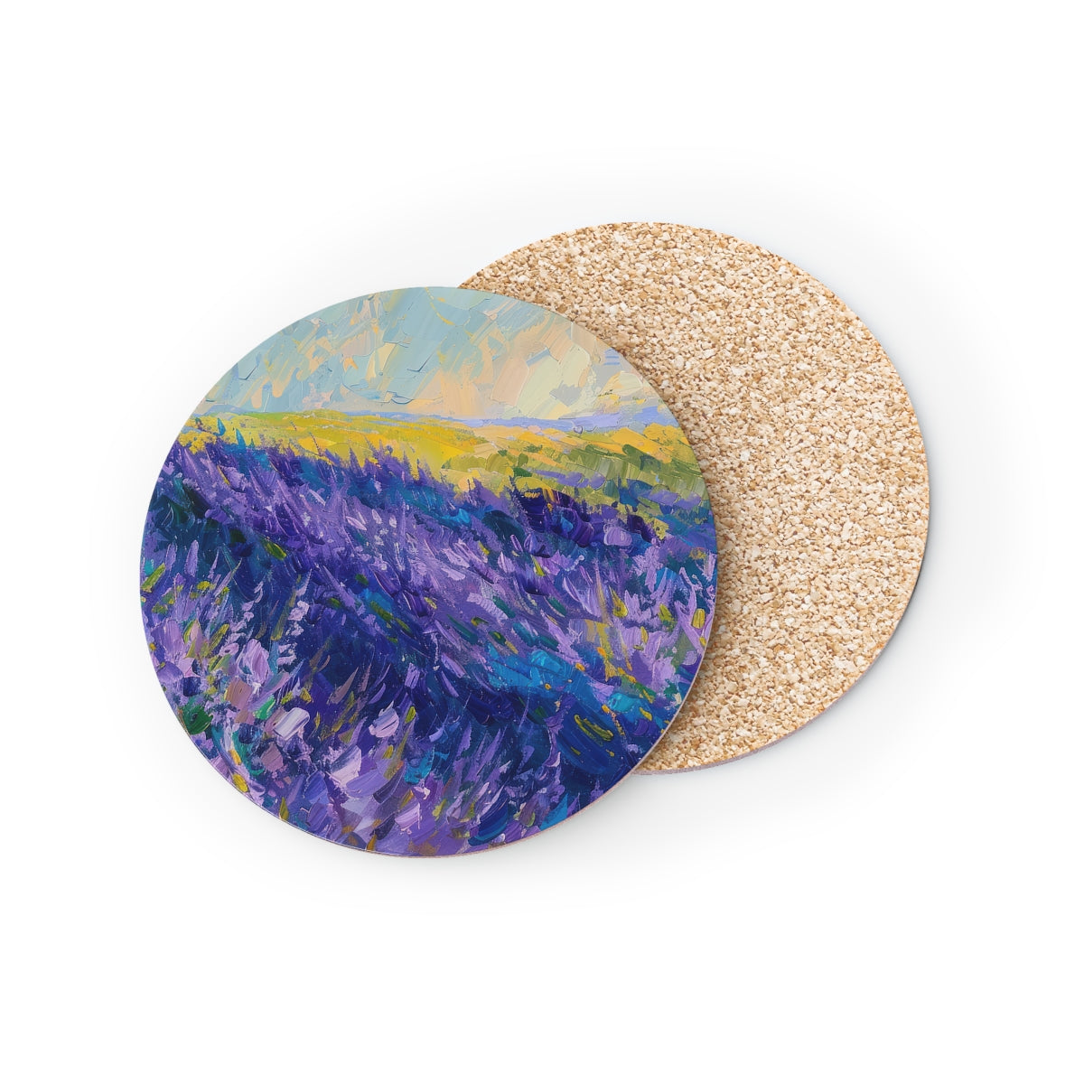 Lavender Fields - Round Hardboard Coaster, Cork Backed  - 3.75"x 3.75" - Perfect for Home Decor & Gifts - Priced per coaster