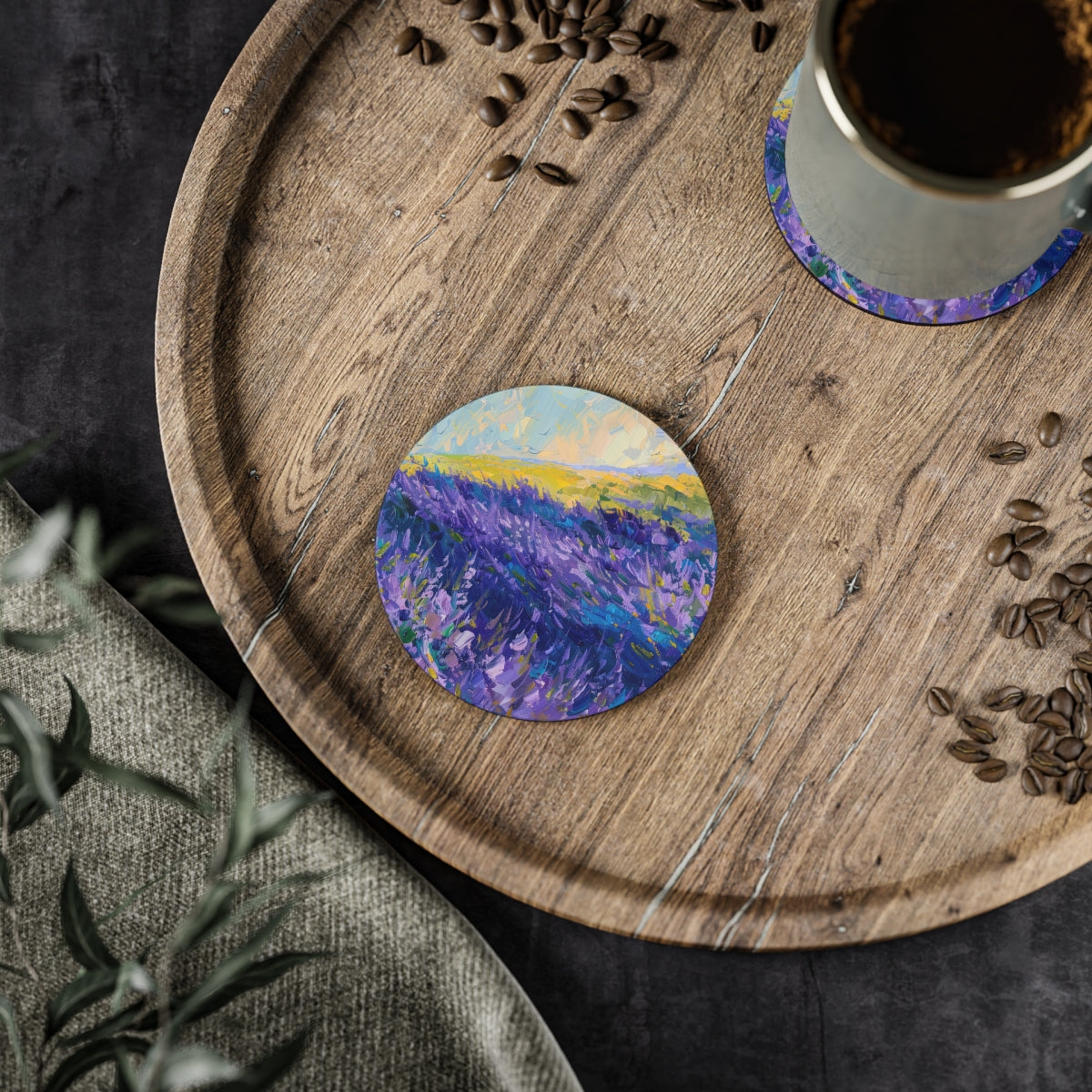Lavender Fields - Round Hardboard Coaster, Cork Backed  - 3.75"x 3.75" - Perfect for Home Decor & Gifts - Priced per coaster