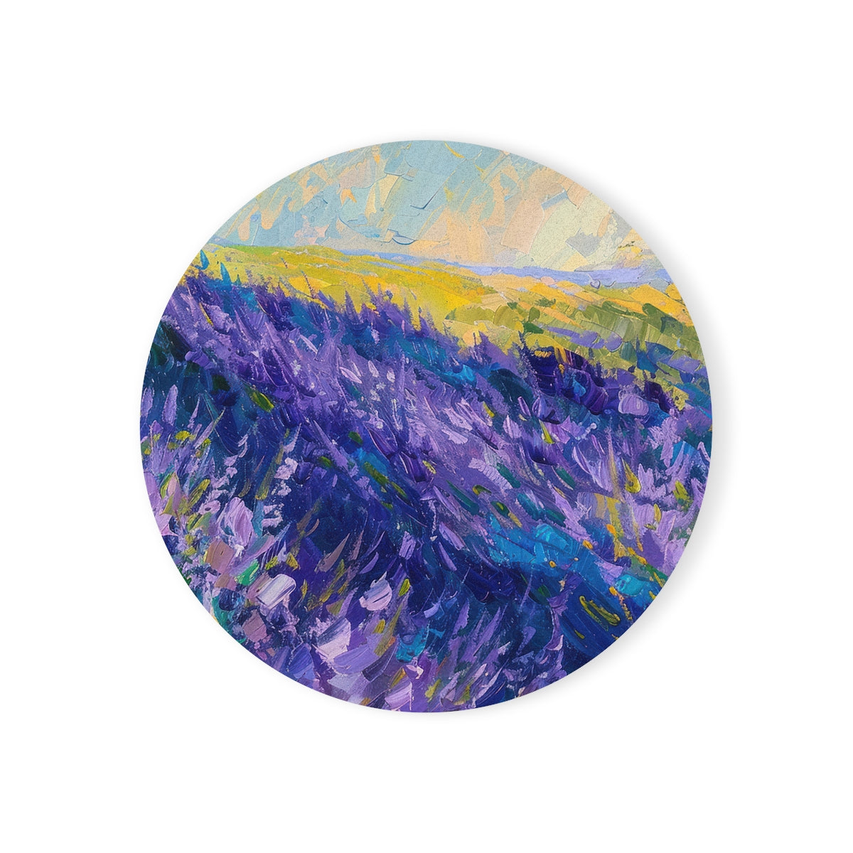 Lavender Fields - Round Hardboard Coaster, Cork Backed  - 3.75"x 3.75" - Perfect for Home Decor & Gifts - Priced per coaster