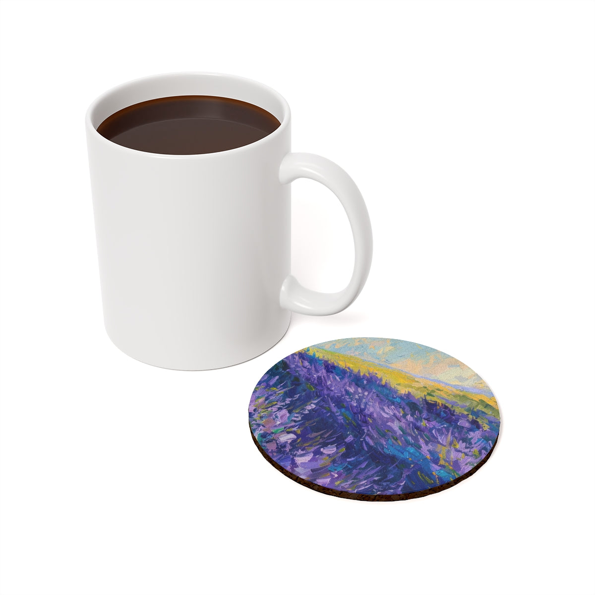 Lavender Fields - Round Hardboard Coaster, Cork Backed  - 3.75"x 3.75" - Perfect for Home Decor & Gifts - Priced per coaster