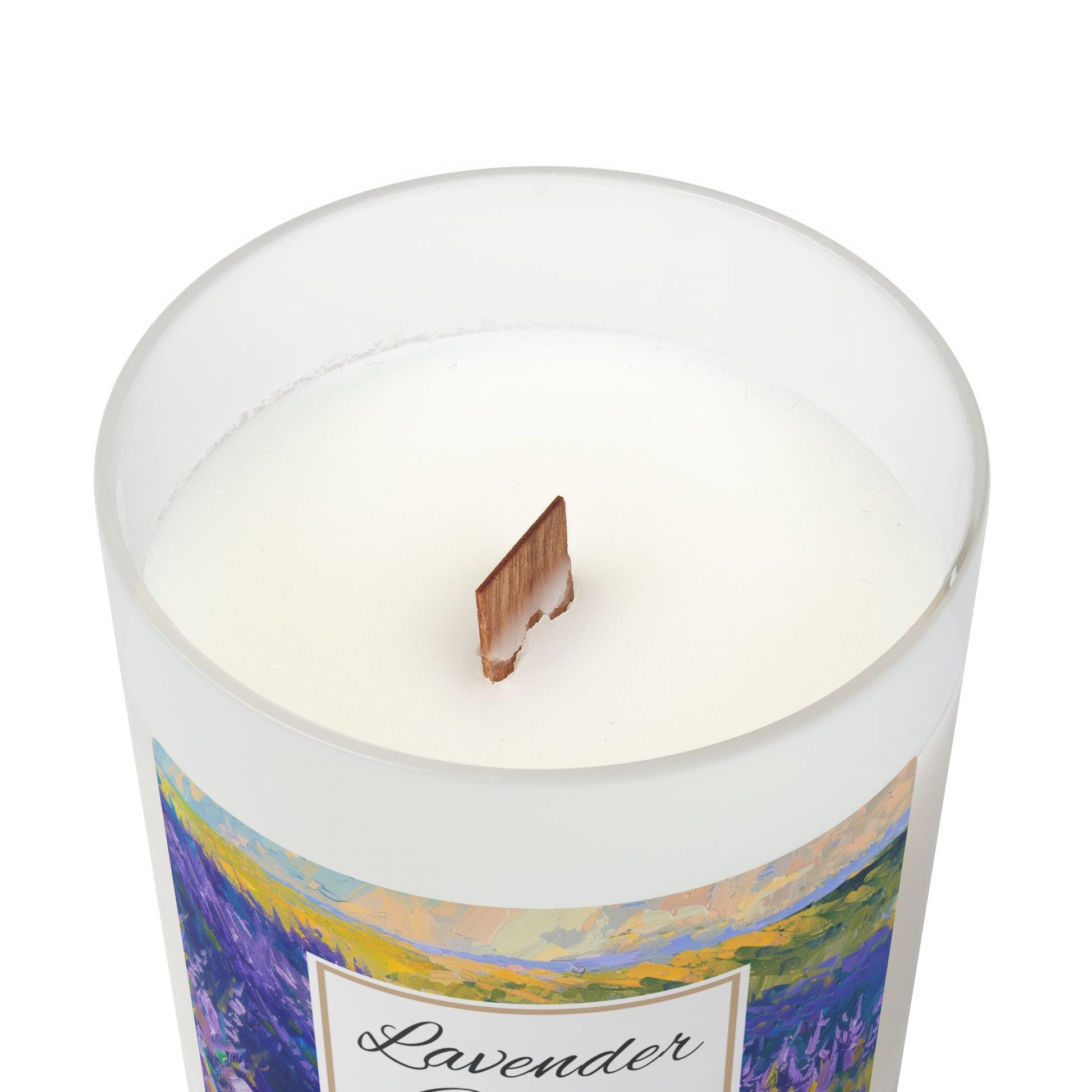 Candle with a lavender-themed label on a white background
