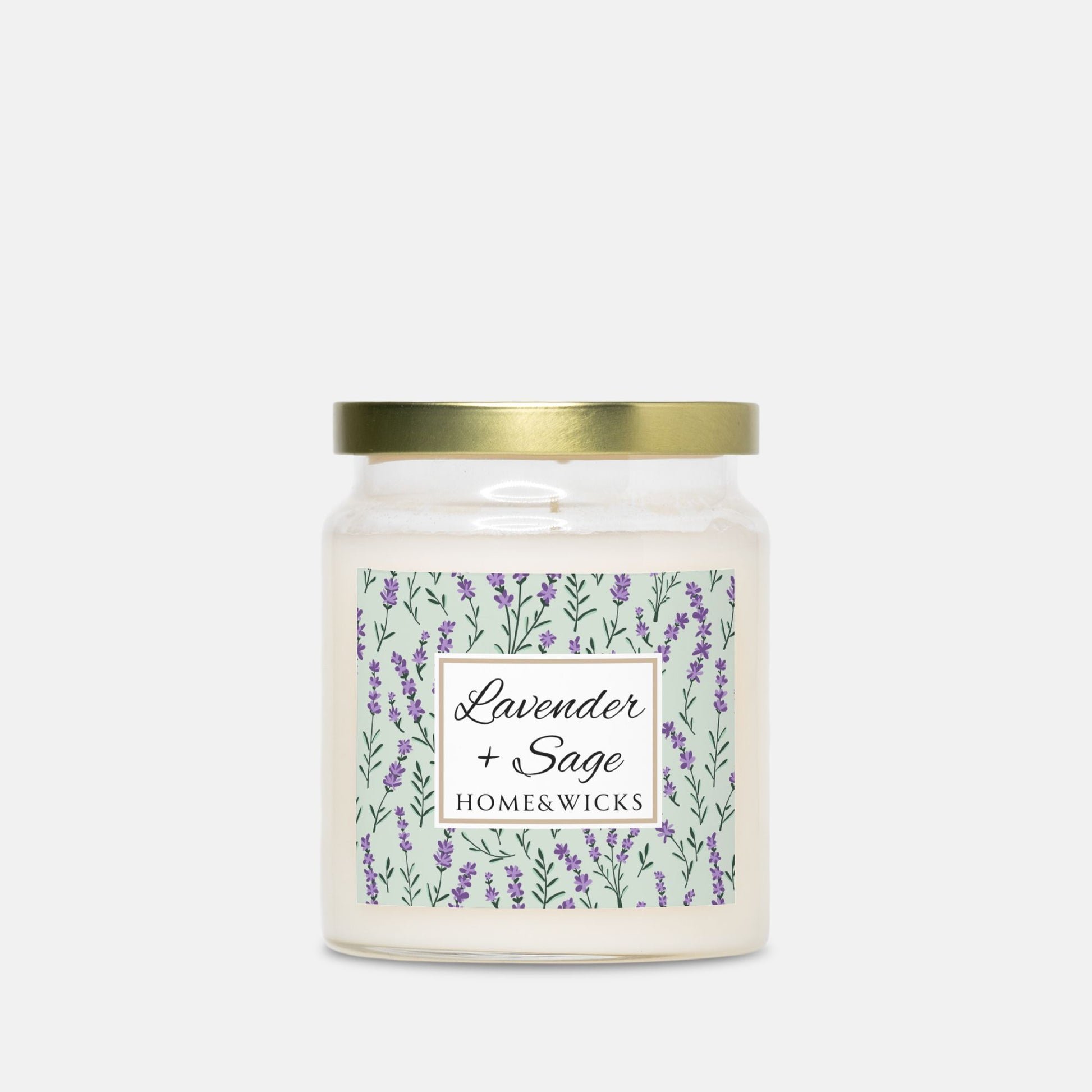 Candle jar with a gold lid and lavender-themed label on a white background