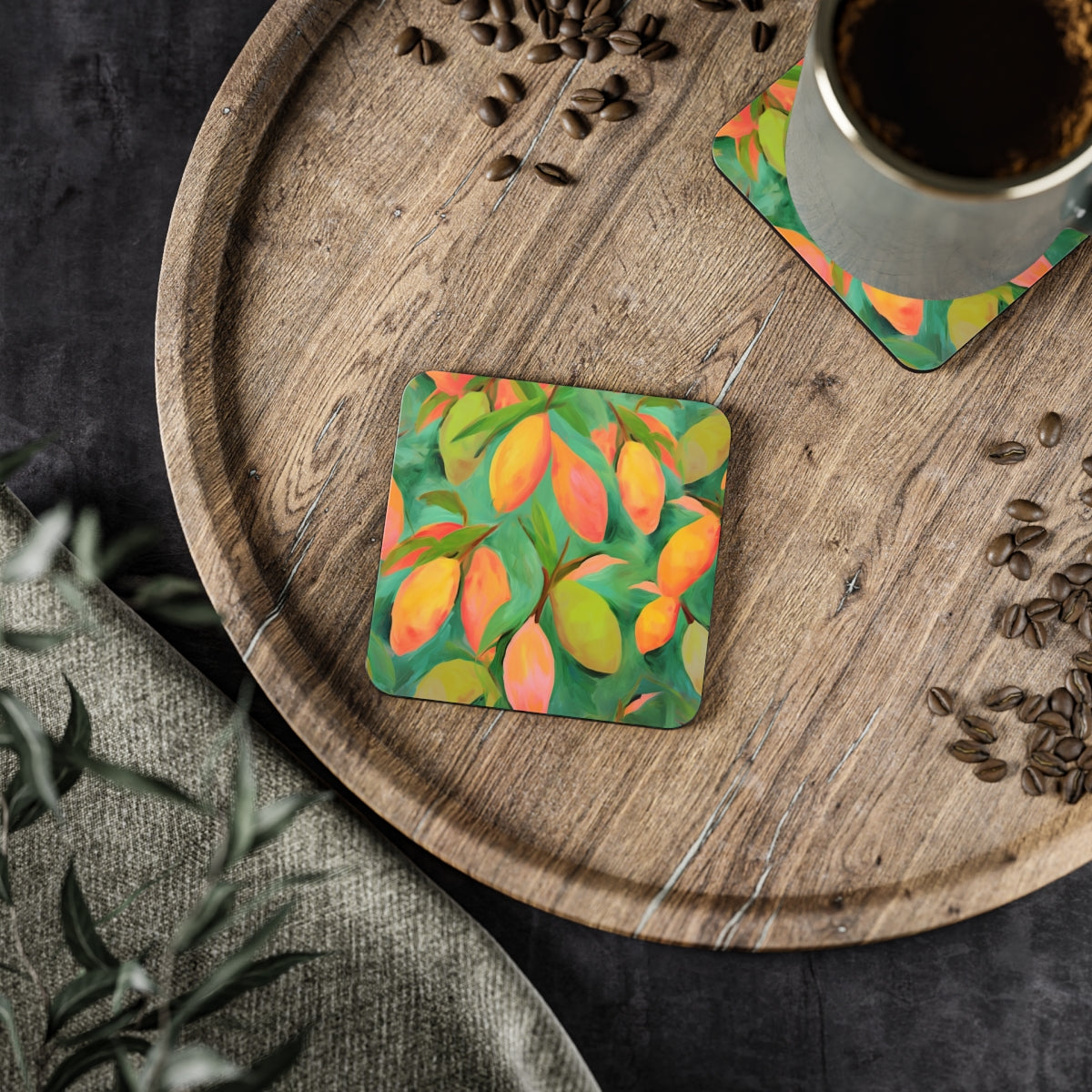 Mangoes - Square Hardboard Coaster, Cork Backed  - 3.75" x 3.75" - Perfect for Home Decor & Gifts - Priced per coaster