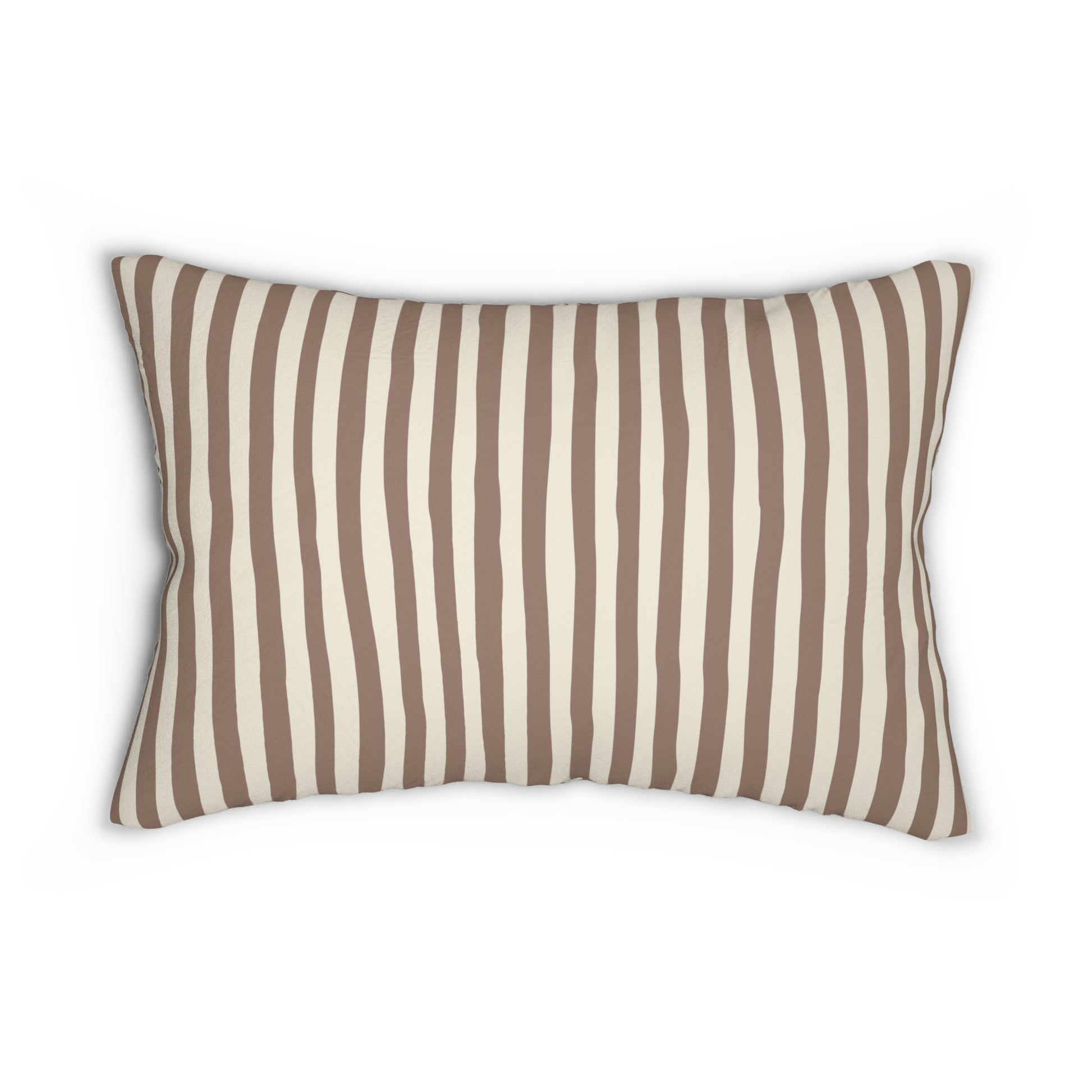 Mocha brown striped decorative throw pillow with brown and beige stripes on a white background