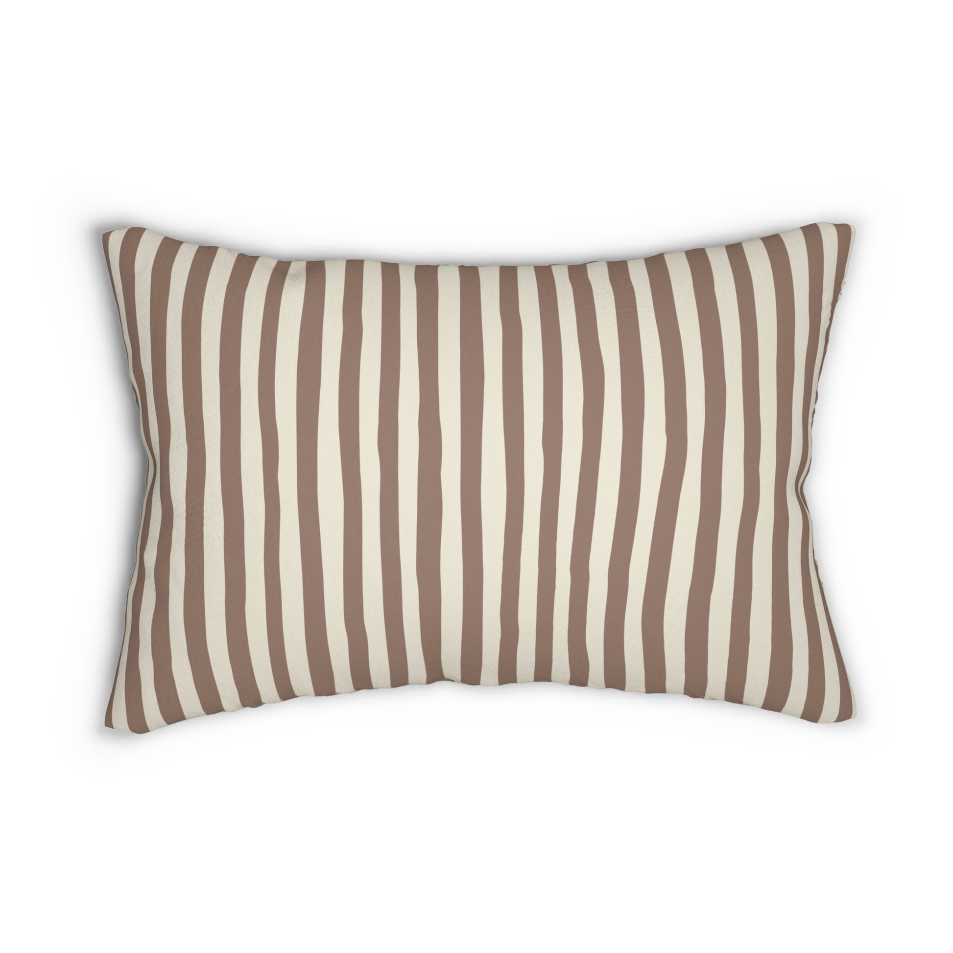 Mocha brown striped decorative throw pillow with brown and beige stripes on a white background