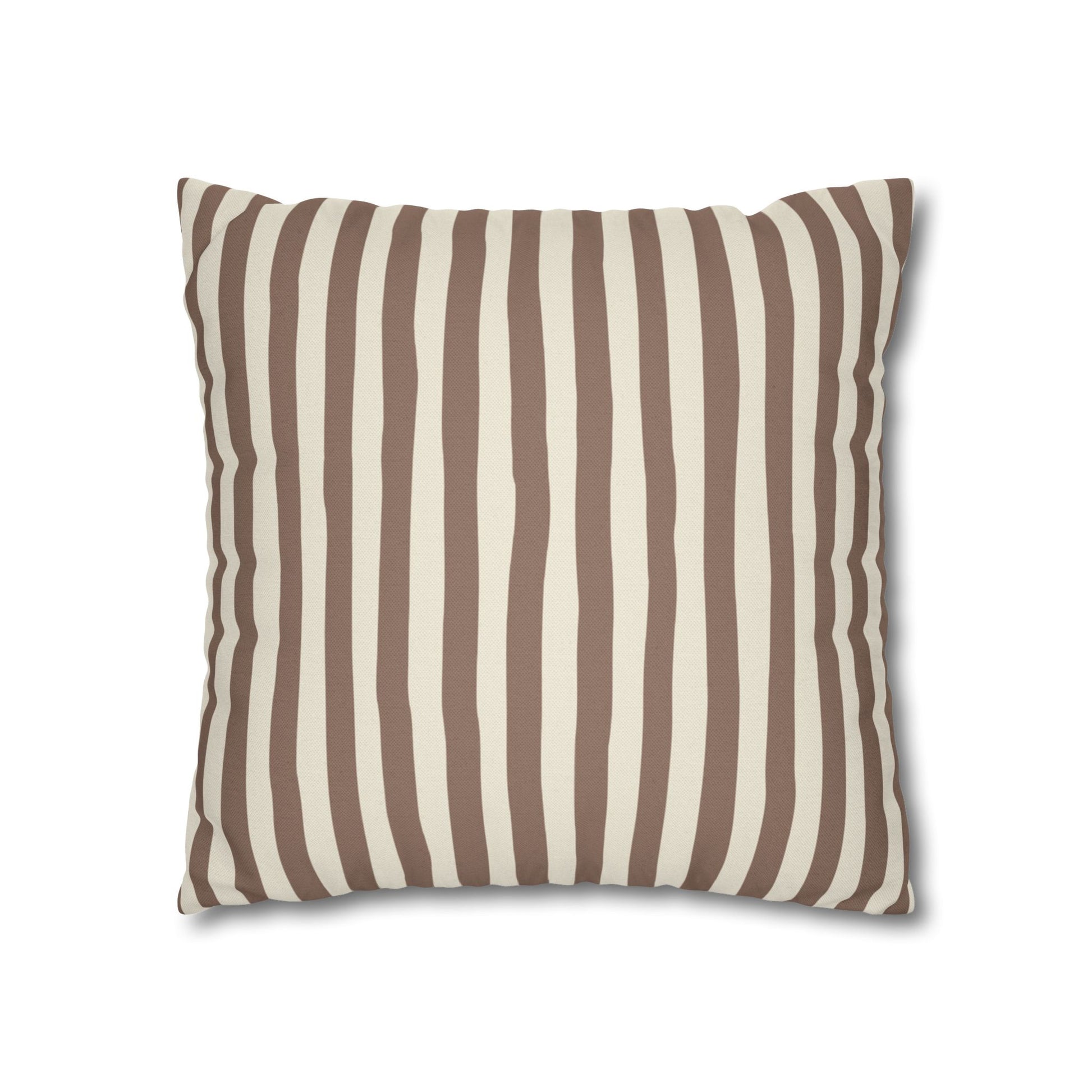 Mocha brown striped pillow with brown and beige vertical stripes on a white background