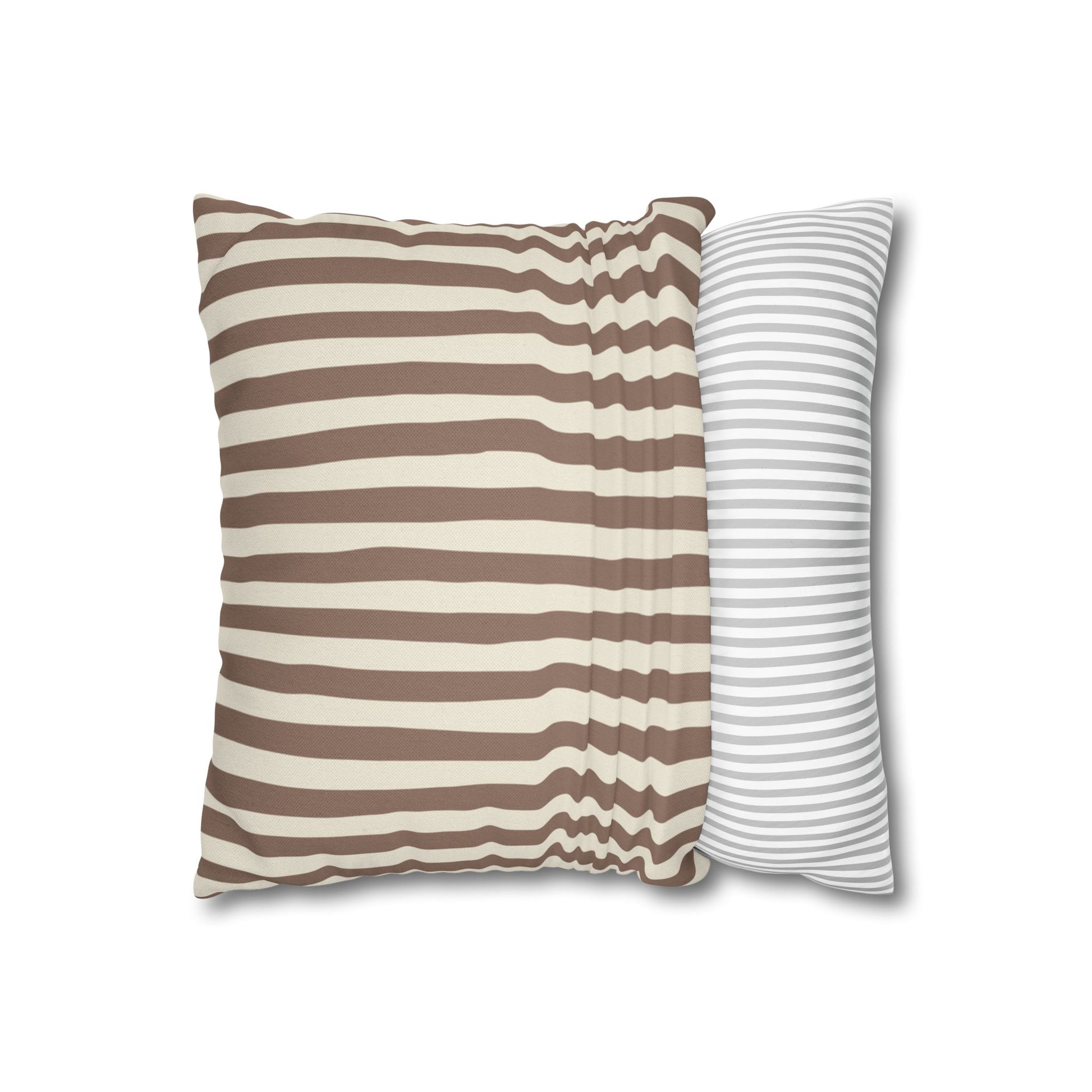 Mocha brown and beige striped pillowcase on a white background.