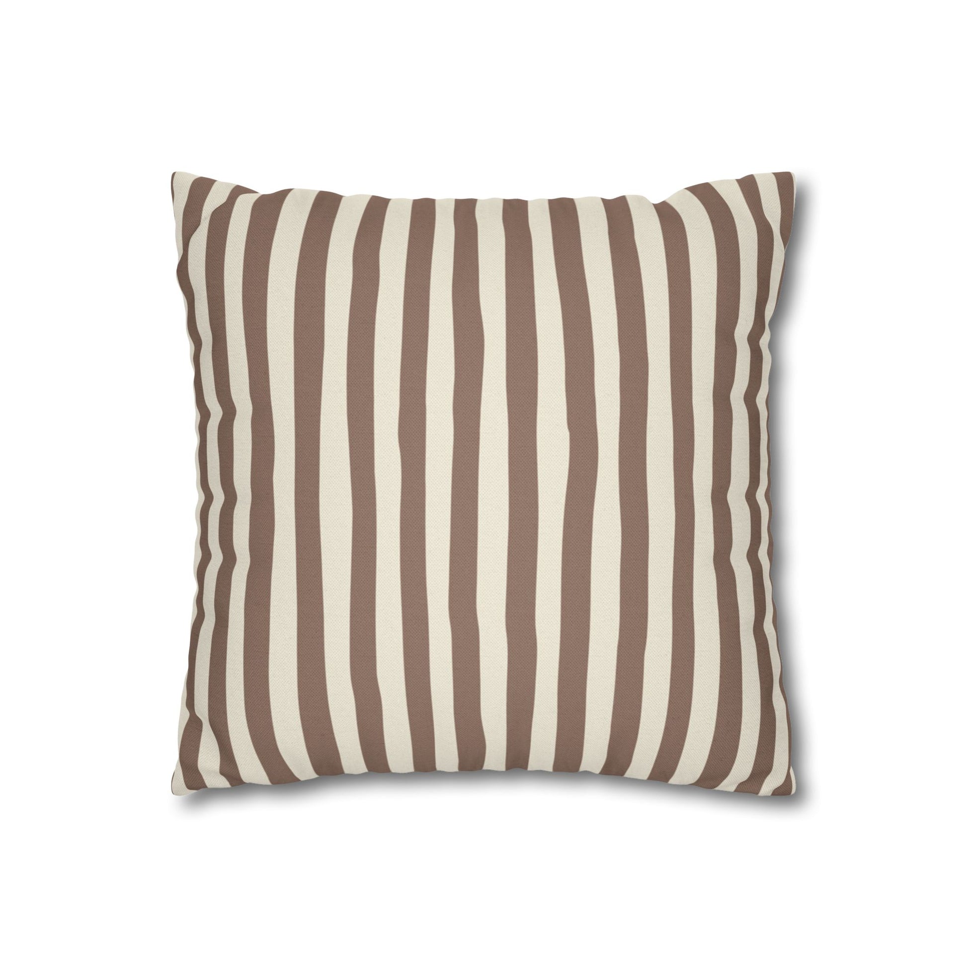 Mocha brown striped pillow with brown and beige vertical stripes on a white background