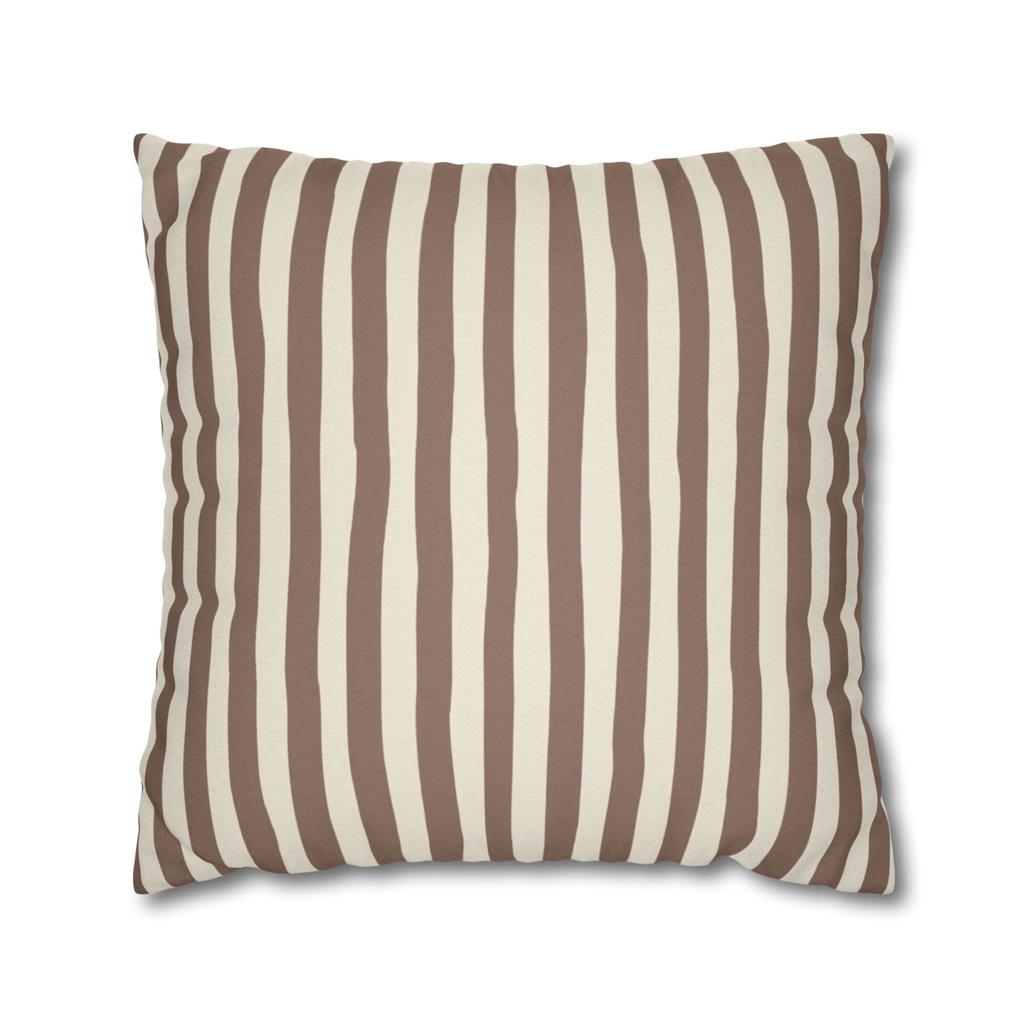 Mocha brown striped pillow with brown and beige vertical stripes on a white background