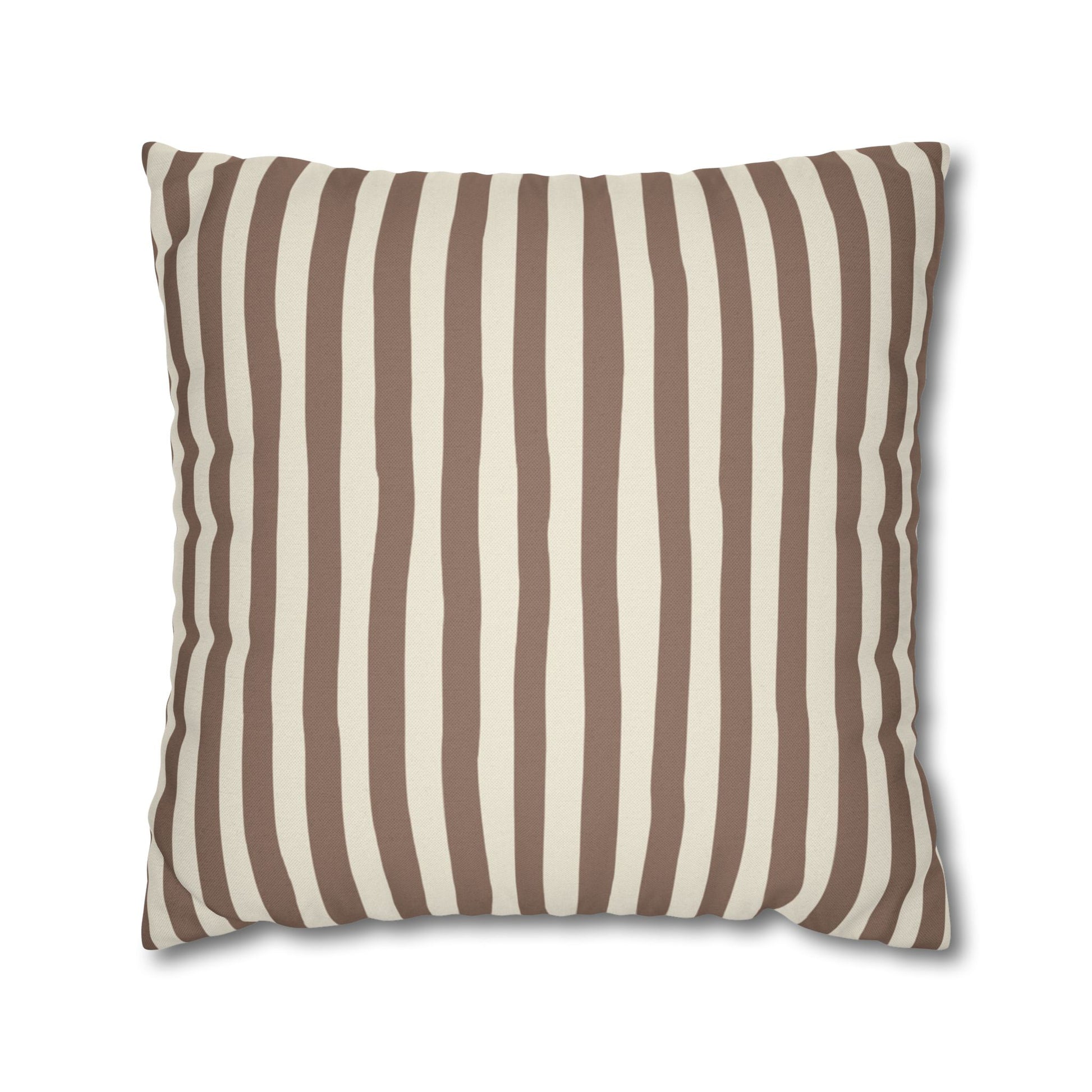 Mocha brown striped pillow with brown and beige vertical stripes on a white background