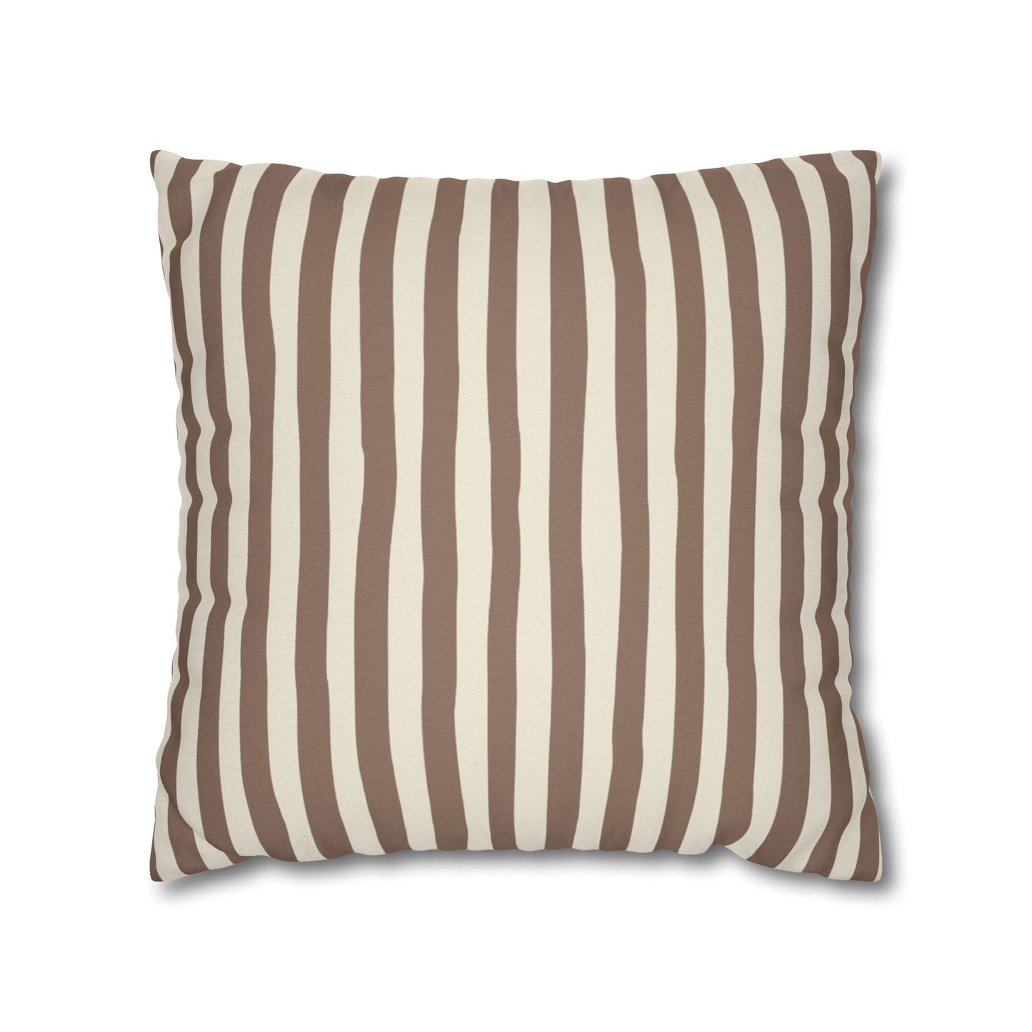 Mocha brown striped pillow with brown and beige vertical stripes on a white background