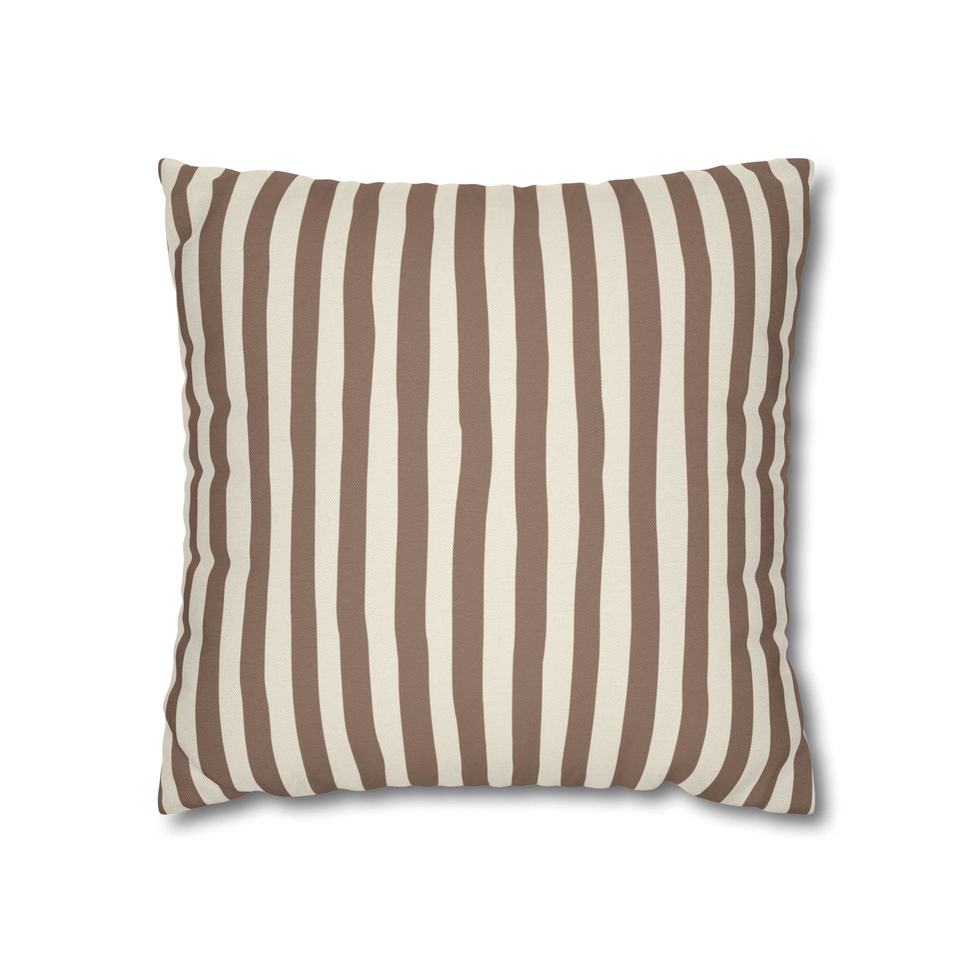 Mocha brown striped pillow with brown and beige vertical stripes on a white background