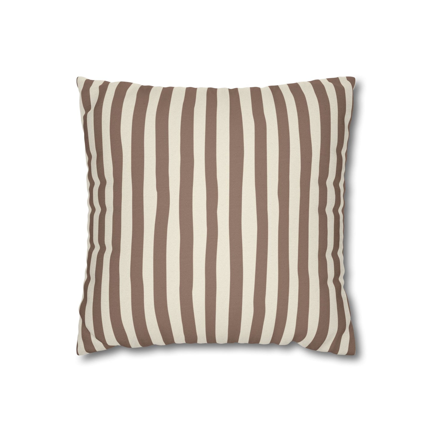 Mocha brown striped pillow with brown and beige vertical stripes on a white background