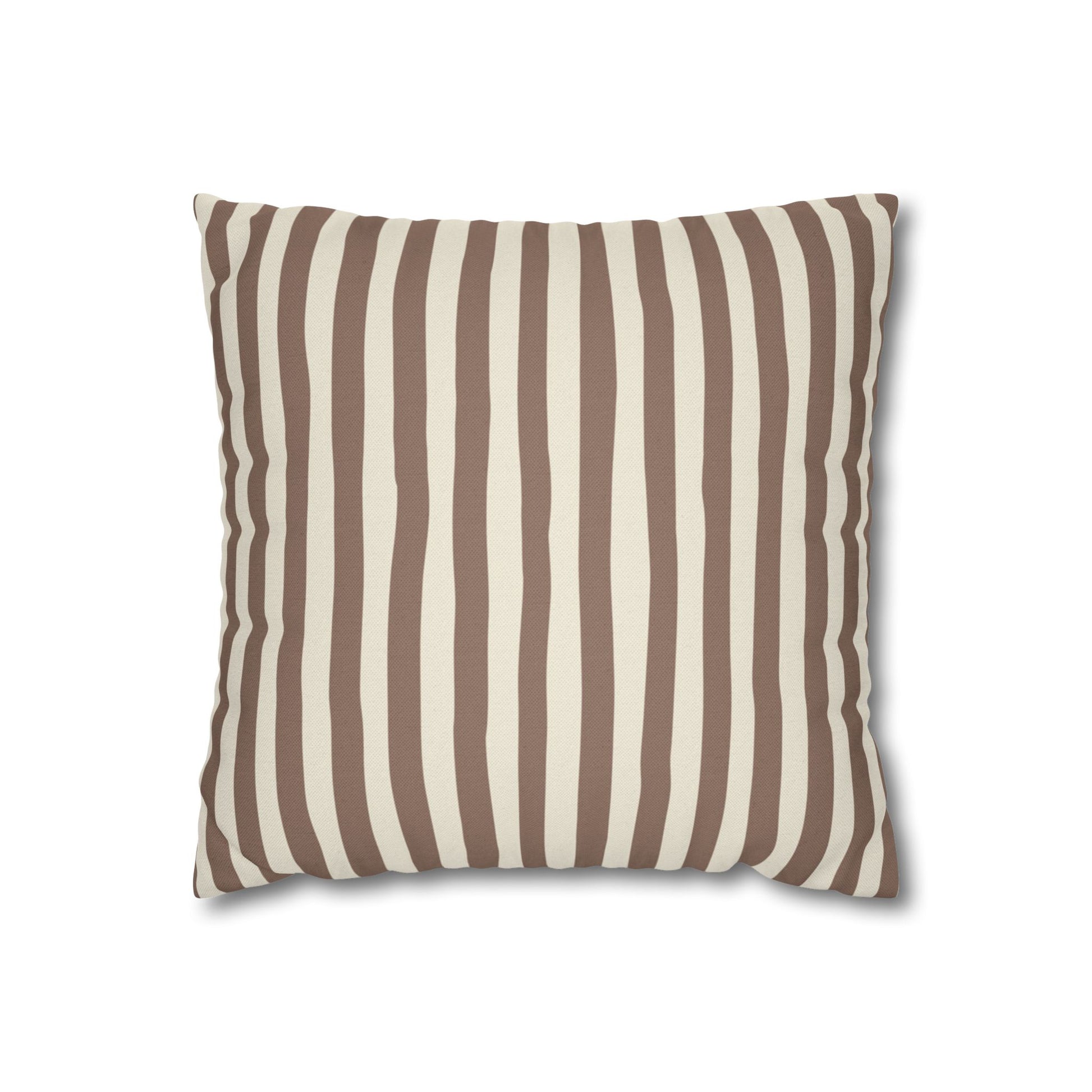 Mocha brown striped pillow with brown and beige vertical stripes on a white background