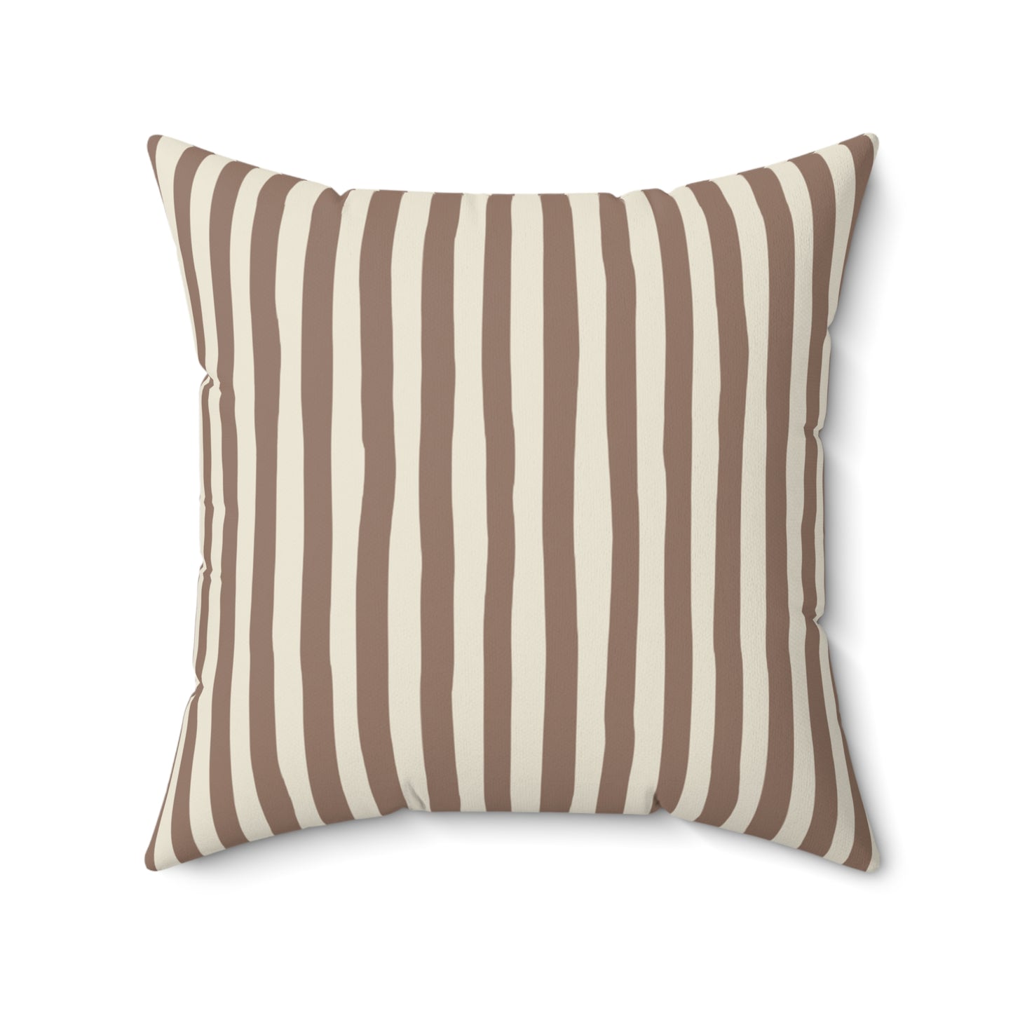 Mocha brown striped pillow with brown and beige vertical stripes on a white background