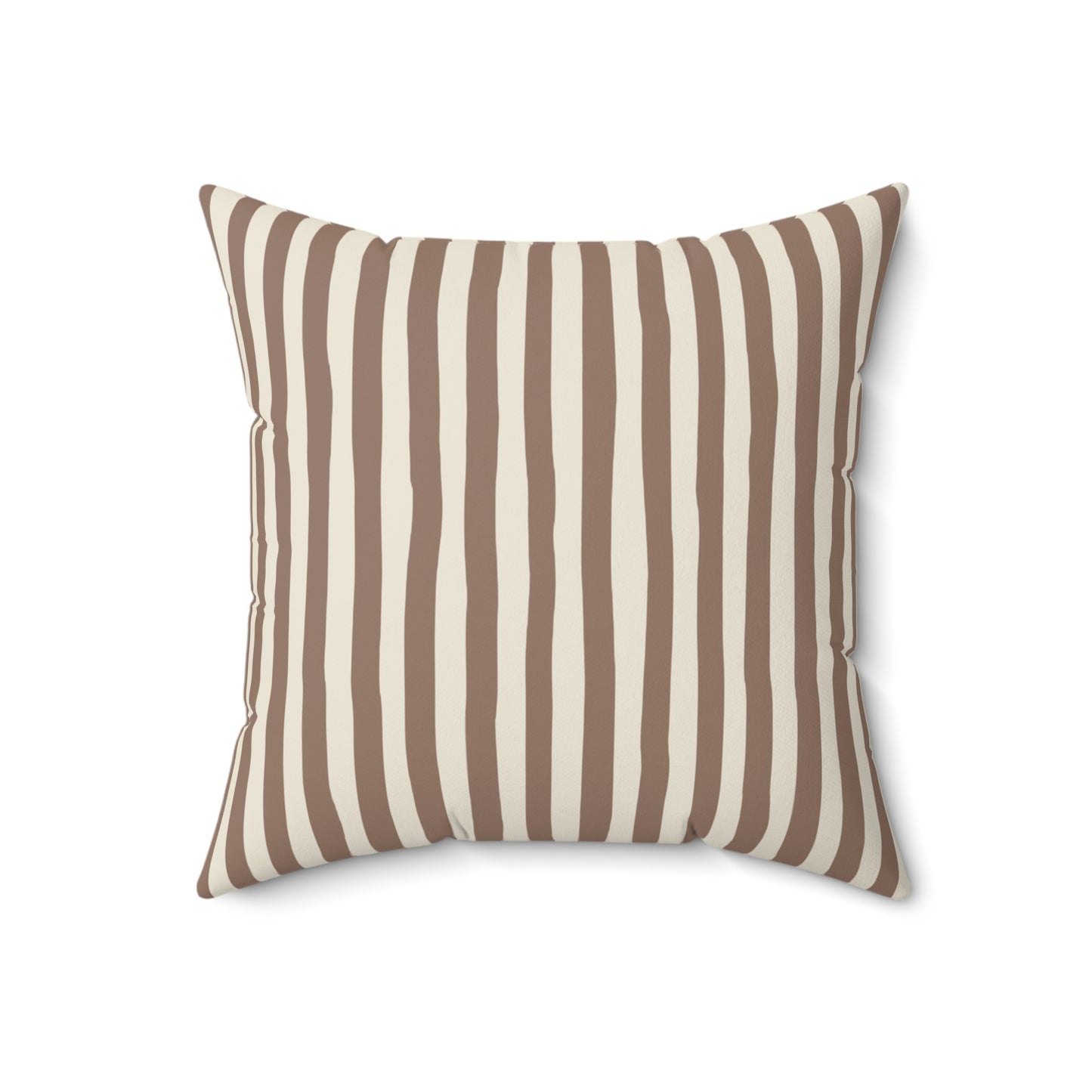 Mocha brown striped pillow with brown and beige vertical stripes on a white background
