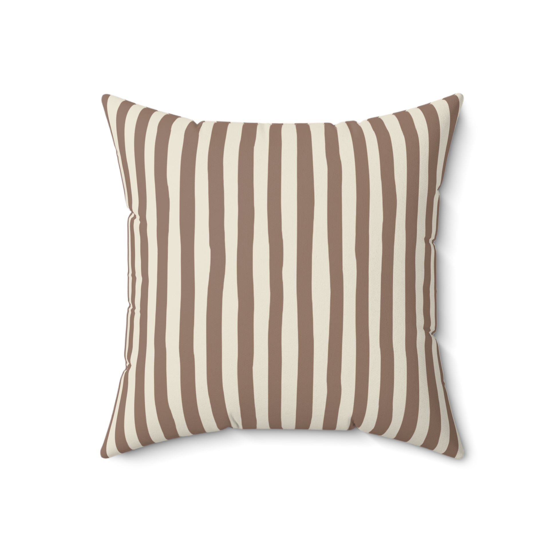 Mocha brown striped pillow with brown and beige vertical stripes on a white background