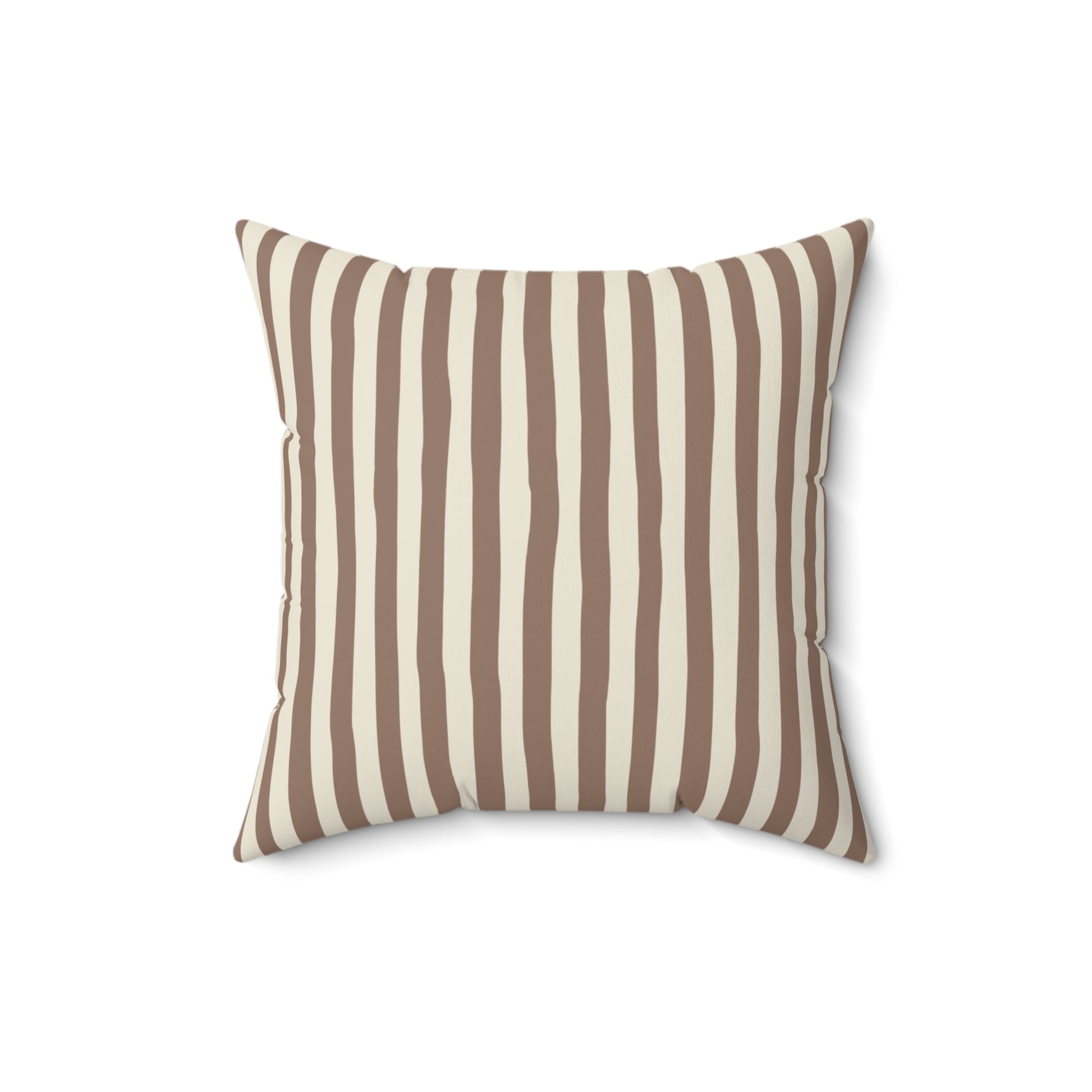Mocha brown striped pillow with brown and beige vertical stripes on a white background